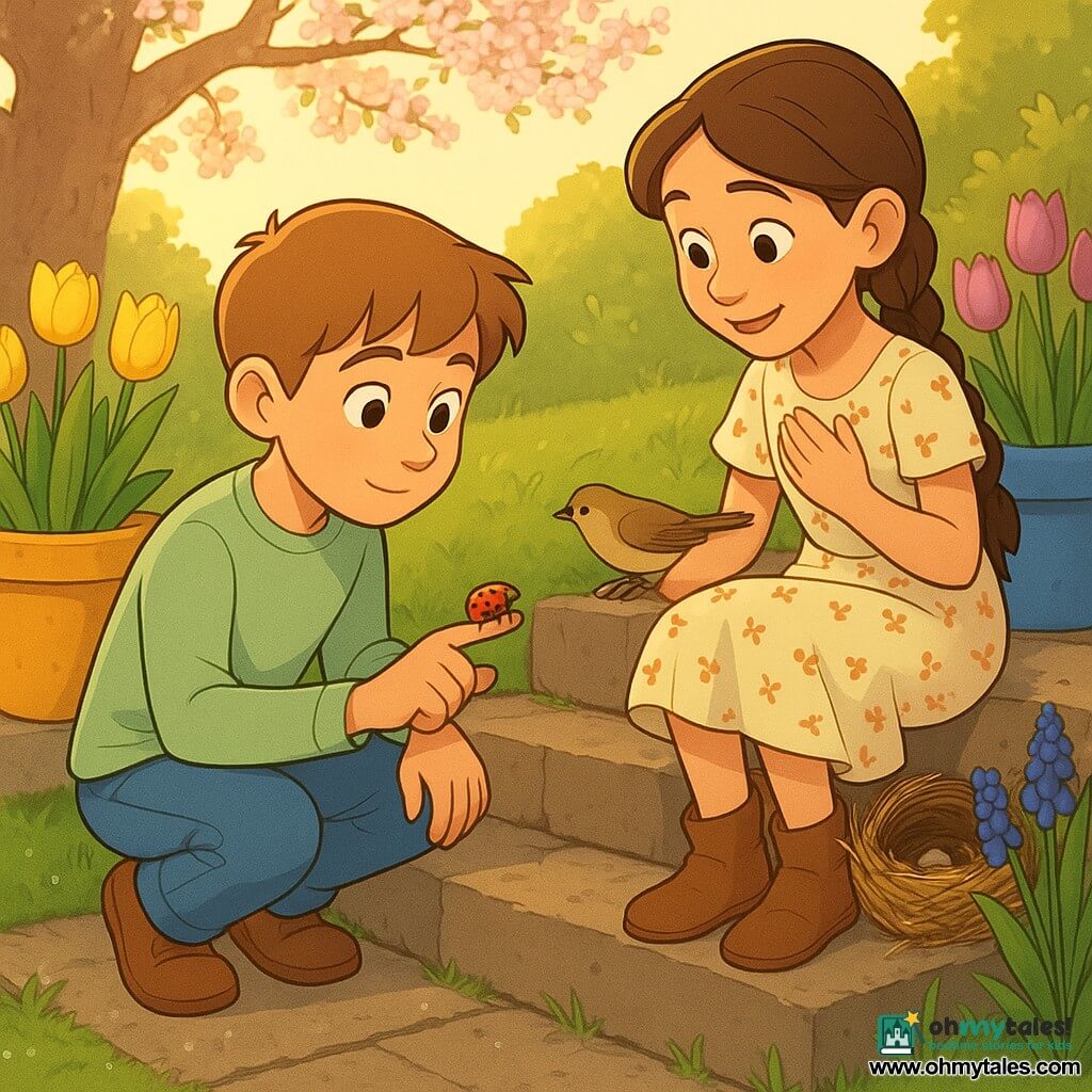 Two children, both 10: Ollie, a boy with short light-brown hair and curious eyes in a pale green sweater and jeans, crouches on the lower step, gently holding a ladybug on his finger; Mia, a girl with long brown hair in a braid, smiling in a floral dress and small boots, sits one step above, leaning forward with a hand to her chest to protect a small straw nest tucked behind a terracotta pot as a brown tit returns. They are on wide worn stone steps leading to a small neighborhood garden lined with large yellow-and-blue painted terracotta pots holding yellow tulips, violets and blue muscari, dewy green grass and a flowering cherry tree in the background, warm late-afternoon light, vivid colors and clear textures, composition centered on the steps and their tender interaction.