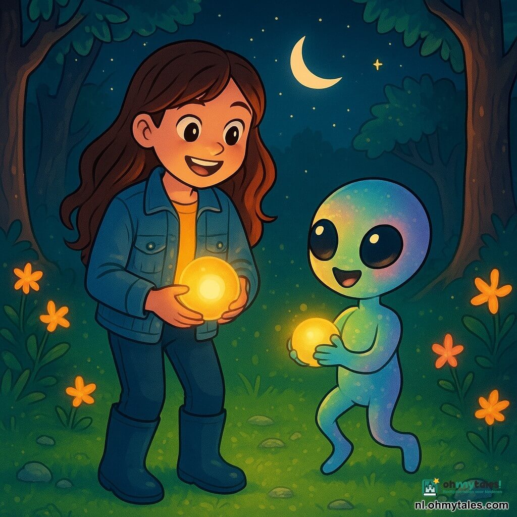 Een 12-jarig meisje, Noor, met lange golvende bruine haren en nieuwsgierige sprankelende ogen, staat in het midden van een open plek verlicht door een mysterieuze lichtbol. Ze draagt een spijkerjack en rubberen laarzen, haar gezicht straalt van opwinding en verwondering. Naast haar danst Pliem, een klein buitenaards wezen met ronde glanzende ogen en een glinsterende huid in pastelkleuren, vrolijk terwijl hij een kleine lichtgevende bol tegen zijn hart houdt. De open plek is omringd door grote bomen met knoestige stammen, hun bladeren schitteren met een zilveren gloed onder het maanlicht, terwijl luminescente bloemen een zachte gloed om hen heen uitstralen. De grond is bedekt met groene mos en kleine glinsterende stenen, wat een magische en feeërieke sfeer creëert. Noor en Pliem staan samen, verbluft door de ontdekking van de lichtbol, symbool van hun opkomende vriendschap, terwijl sterren boven hen fonkelen en een vleugje mysterie aan deze buitengewone ontmoeting toevoegen.