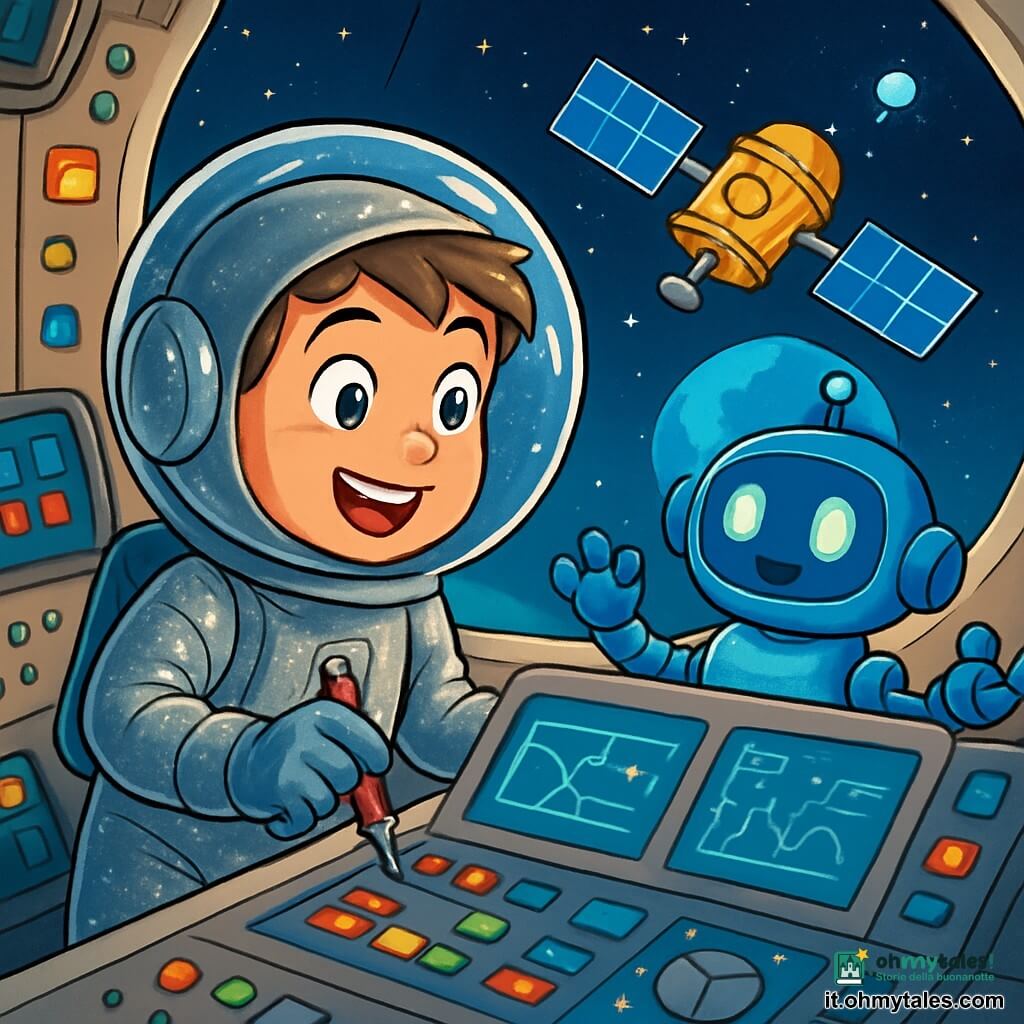 Un ragazzo di dieci anni di nome Luca indossa una brillante tuta spaziale argentata che scintilla sotto la luce delle stelle. Il suo viso è illuminato da un mix di eccitazione e curiosità, con grandi occhi spalancati e un sorriso radioso. Tiene in mano una piccola matita rossa, osservando attentamente i pannelli di controllo della navetta spaziale. Accanto a lui c'è il robot Piko, un piccolo robot dalle forme arrotondate e con occhi luminosi, che fluttua allegramente. Piko è di un blu vivace e ha braccia articolate, sembra pronto ad aiutare Luca nella sua missione. La scena si svolge all'interno di una navetta spaziale moderna, con schermi luminosi che mostrano dati e grafici. I muri sono decorati con pulsanti colorati e luci lampeggianti, creando un'atmosfera futuristica e dinamica. Luca e Piko si preparano a riparare un satellite in orbita attorno a un pianeta blu, visibile attraverso un oblò. La situazione è carica di tensione e anticipazione, mentre Luca, concentrato, si appresta a fare una scelta cruciale per la loro missione spaziale.