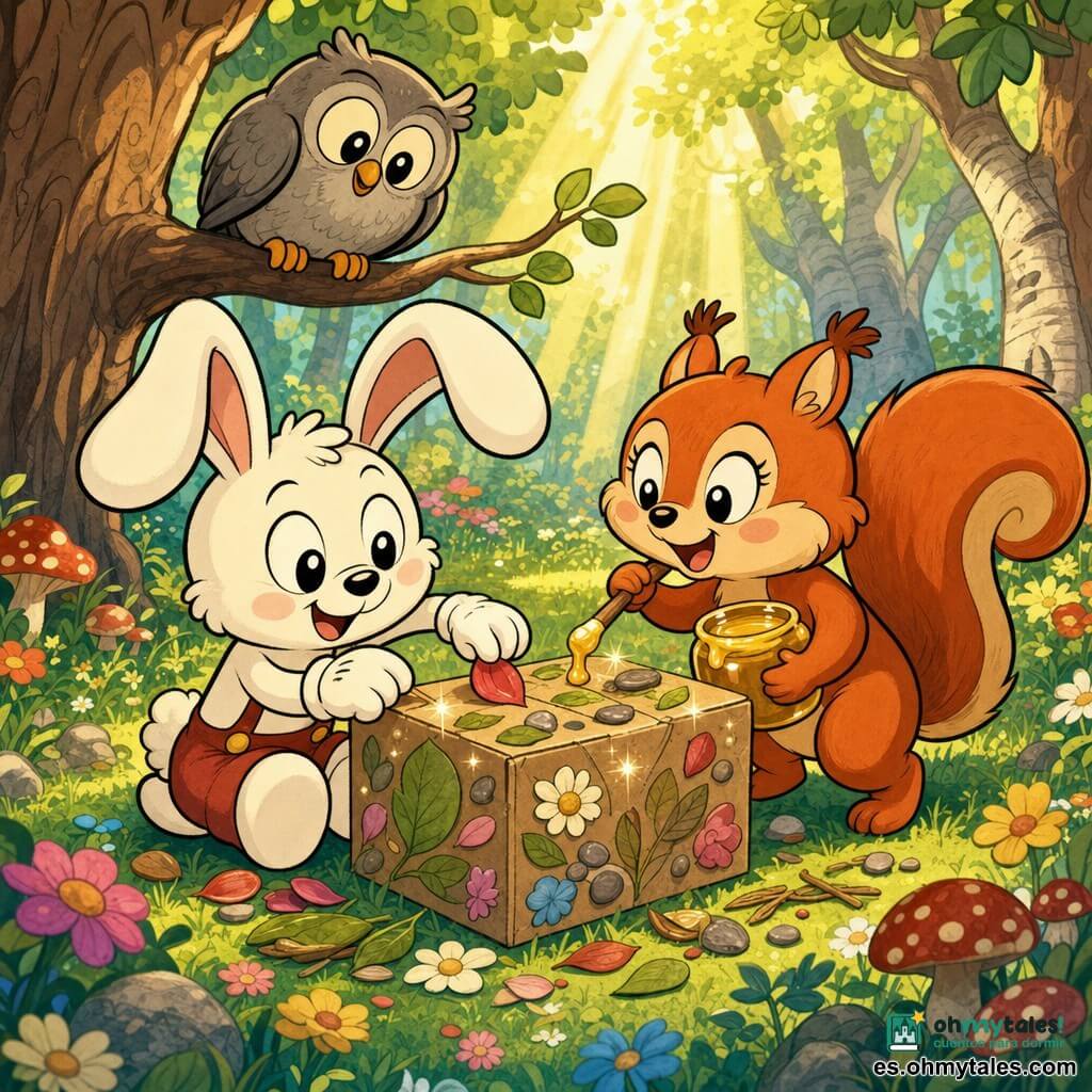 Nico es un pequeño conejo blanco de largas orejas flexibles, ojos redondos brillantes y sonrisa traviesa, sentado y concentrado decorando una caja de cartón con hojas, pétalos y piedrecitas; Lila es una ardilla rojiza de pelaje esponjoso y ojos vivaces, feliz y ayudando con un tarrito de miel, de pie junto a la caja; al fondo, una lechuza gris y redondeada, curiosa y amable, posada en una rama; la escena ocurre en un claro soleado del bosque con hierba verde salpicada de flores, troncos texturizados, algunos hongos rojos y rayos de sol entre las hojas; la caja, en el centro, muestra collages luminosos y motivos naïf, y la atmósfera es cálida y alegre con colores pastel vivos y contornos negros gruesos al estilo rubber hose.