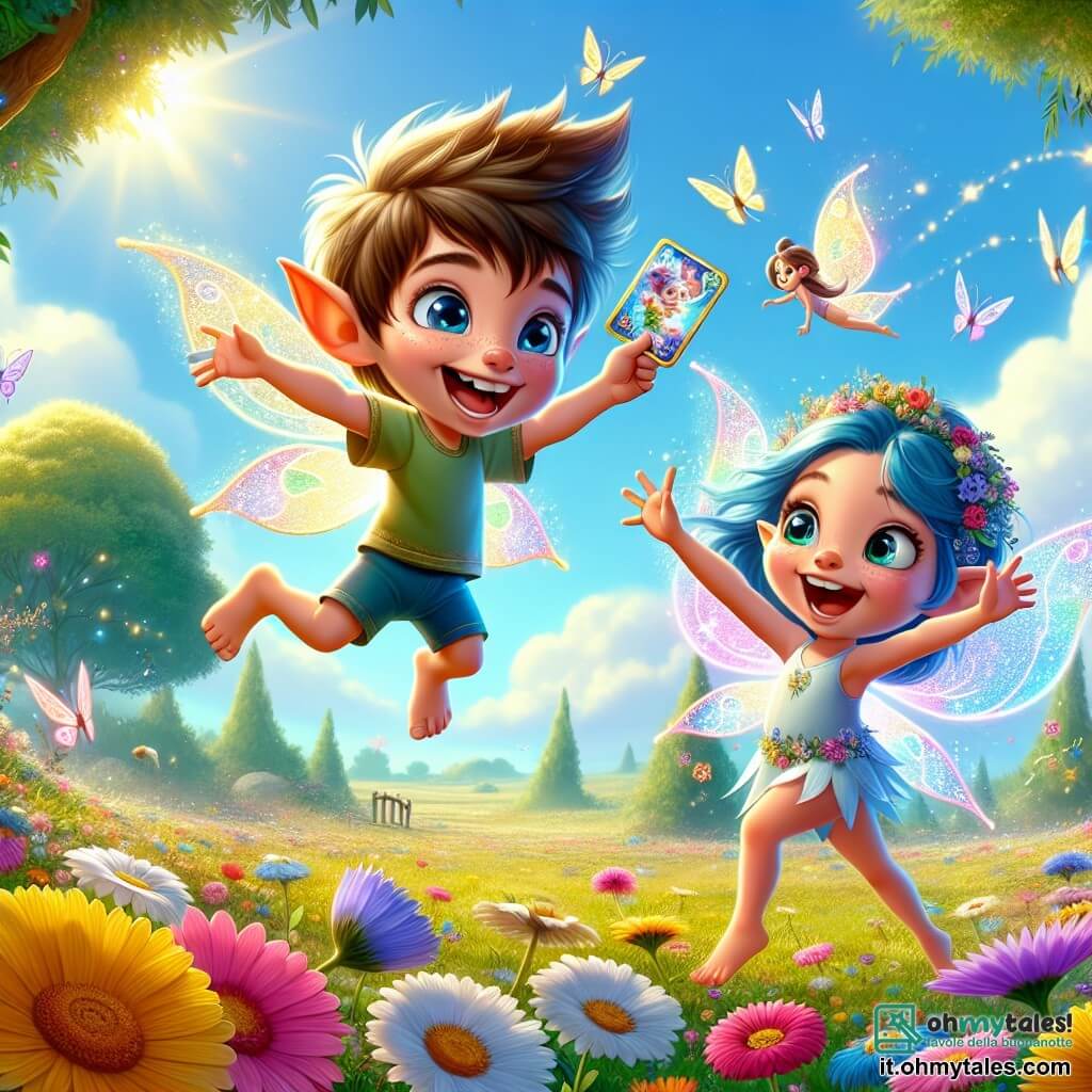 Lino, un piccolo folletto con le orecchie a punta e i capelli arruffati, vola gioiosamente sopra un campo di fiori colorati, con un grande sorriso sul volto. I suoi occhi brillano di eccitazione mentre tiene una cartolina magica che danza e brilla nell'aria. Tina, una follettina con i capelli blu e le ali scintillanti, sta accanto a Lino, con le braccia alzate in segno di incoraggiamento e uno sguardo stupito. Indossa un vestito fatto di petali di fiori e sembra impaziente di vedere la reazione della sua mamma. Il luogo è un magnifico campo soleggiato, pieno di fiori multicolori, con alberi maestosi sullo sfondo e un cielo blu splendente. Farfalle svolazzano intorno a loro, aggiungendo un tocco di magia alla scena. La situazione principale mostra Lino e Tina pronti a sorprendere le loro mamme con cartoline incantate, che cantano e danzano, riempiendo l'aria di gioia e colori vivaci mentre si preparano a svelare le loro creazioni.