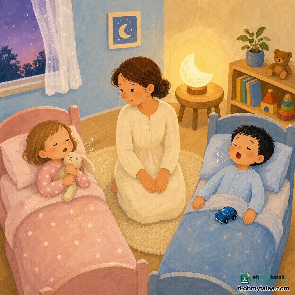 Tre personaggi in una piccola cameretta vista dall'alto: la mamma (~30 anni) seduta al centro tra due lettini, capelli castani raccolti in chignon basso, vestito di cotone crema, mani sulle ginocchia e sguardo benevolo verso i bambini; a sinistra Lina (3 anni) nel lettino, capelli castano chiaro corti, pigiama rosa a pois bianchi, tiene un coniglietto di peluche vicino al mento, occhi semichiusi e bocca leggermente aperta; a destra Teo (3 anni) nel lettino, capelli neri corti, pigiama azzurro, una macchinina blu sulla coperta vicino alla mano destra, sbadiglio discreto e mani rilassate lungo il corpo. L'ambiente è sereno: muri pastello, luce mielata da una lampada a forma di luna, tappeto crema, parquet chiaro, scaffale basso con alcuni libri e giocattoli e una tenda che lascia filtrare un cielo serale violaceo; momento di ninna: mamma che guida alla calma, bambini rilassati con mascelle e spalle distese e respiri lenti; resa pittorica con texture a gouache, contorni morbidi e palette calda e rasserenante (ocre, rosa pallido, azzurro tenue, crema).