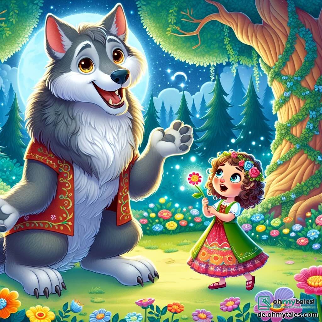 Ein freundlicher Werwolf mit weichem, grauem Fell und strahlenden, warmen Augen steht in der Mitte einer verwunschenen Lichtung. Er lächelt mit einem fröhlichen und beschützenden Ausdruck, seine großen Ohren sind aufgerichtet und sein Schwanz wackelt. Neben ihm steht ein 8-jähriges Mädchen mit lockigem Haar und einem bunten Kleid, das den Werwolf mit Staunen betrachtet. Sie hält eine leuchtende Blume in ihren Händen und steht leicht zurückhaltend, voller Neugier. Im Hintergrund erhebt sich eine majestätische alte Eiche, die mit Efeu bewachsen ist, unter einem sternenklaren Himmel, während bunte Blumen die Lichtung erhellen. Die Szene strahlt eine magische Atmosphäre aus, in der der Werwolf und das Mädchen zusammen singen, um die schlafenden Blumen zu wecken und eine fröhliche, lebendige Stimmung zu schaffen.