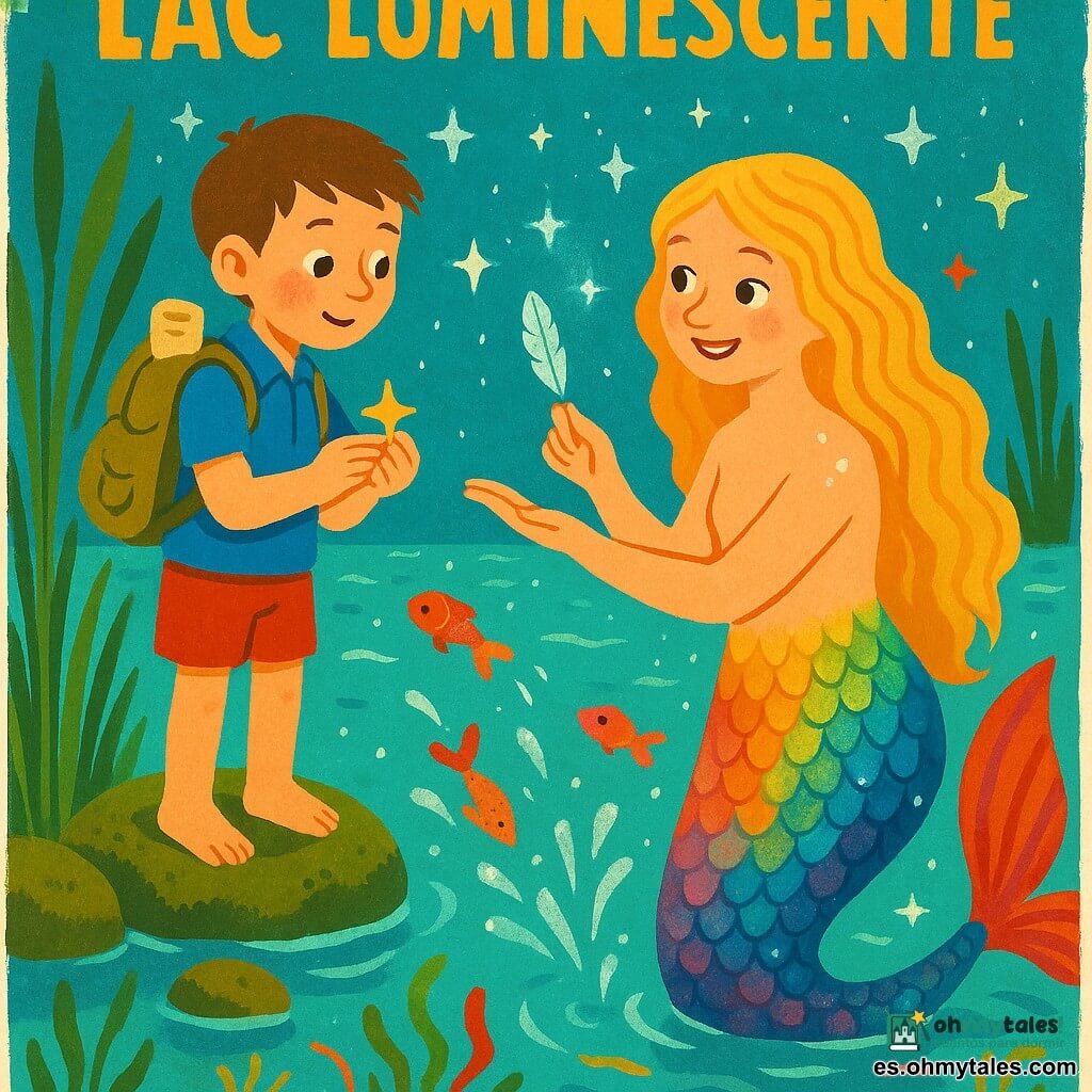 La sirena Serena, alegre y traviesa, devuelve una pluma brillante a Lucas; piel nacarada, cabello largo dorado y cola escamada con reflejos irisados; Lucas, niño de unos 7 años, curioso y maravillado, sostiene un pequeño colgante en forma de estrella, camisa azul y mochila con tesoros; la escena ocurre en la orilla del lago Luminiscente: agua turquesa y brillante, juncos y piedras cubiertas de musgo; alrededor algas danzantes y pequeños peces de colores que salpican como pinceladas; la sirena agradece a Lucas por haber encontrado sus objetos perdidos en un intercambio cálido y mágico.