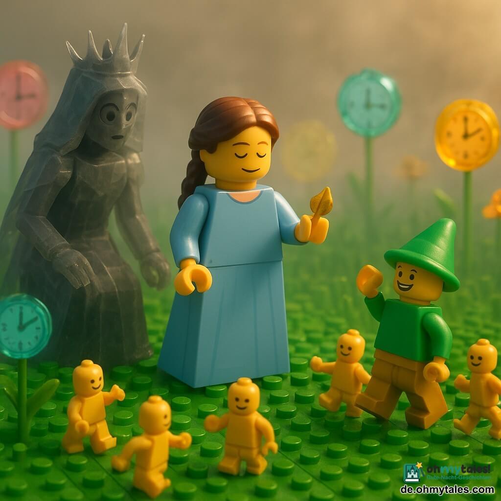 Mirabel, ruhige entschlossene Frau mit braunen Zöpfen und schlichtem hellblauen Kleid, hält ein kleines goldenes Blatt in der linken Hand und singt sanft, lächelnd und aufrecht in der Mitte; die Schattengestalt Graue Husch, groß, aus grauen halbtransparenten Teilen mit einer Krone aus zerbrochenen Zeigern, kniet überrascht vor einer Glasblume; ein winziger Tickling-Junge mit grüner Haube hüpft rechts und läutet eine leuchtende Glocke, weitere winzige Ticklings tanzen im Kreis; die Szene spielt auf einer weiten Wiese aus grünen Ziegeln mit großen gläsernen Blumen und leichtem silbernem Nebel, goldenes Sonnenuntergangslicht fällt durch den Dunst; Hauptsache: Mirabel reicht das Blatt der Geduld und singt, die Graue Husch senkt ihre Wachsamkeit, der Nebel wird mild und die Ticklings tanzen wieder — eine beruhigende, magische Teilungsszene.