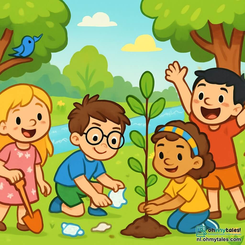 Er zijn 4 kinderen: - Lotte: een 6-jarig meisje met lang blond haar en sprankelende ogen. Ze draagt een roze bloemenjurk en glimlacht vrolijk terwijl ze een klein schepje vasthoudt. - Sam: een 6-jarig jongetje met rommelig bruin haar en een bril met ronde glazen. Hij draagt een blauwe t-shirt en een groene short, en hij zit op de grond terwijl hij met één hand afval opruimt. - Noor: een 6-jarig meisje met krullend kastanjebruin haar en een kleurrijke haarband. Ze draagt een gele t-shirt en een spijkerbroek, en ze toont een klein plantje dat ze net in de grond heeft geplant. - Tom: een 6-jarig jongetje met zwart haar en sproeten. Hij draagt een rode t-shirt en een oranje short, en hij staat rechtop, glimlachend en met zijn armen in de lucht, trots op hun werk. De situatie speelt zich af in een prachtig natuurpark, vol met grote groene bomen met glanzende bladeren, kleurrijke bloemen die dansen in de wind, en een kleine rivier die onder de zon glinstert. Vogels zingen in de takken en een zachte gouden licht verlicht de scène. De hoofdactie van het verhaal toont de kinderen die bomen planten en afval opruimen in het park. Ze werken enthousiast samen, glimlachend en lachend, terwijl ze voor de natuur om hen heen zorgen.