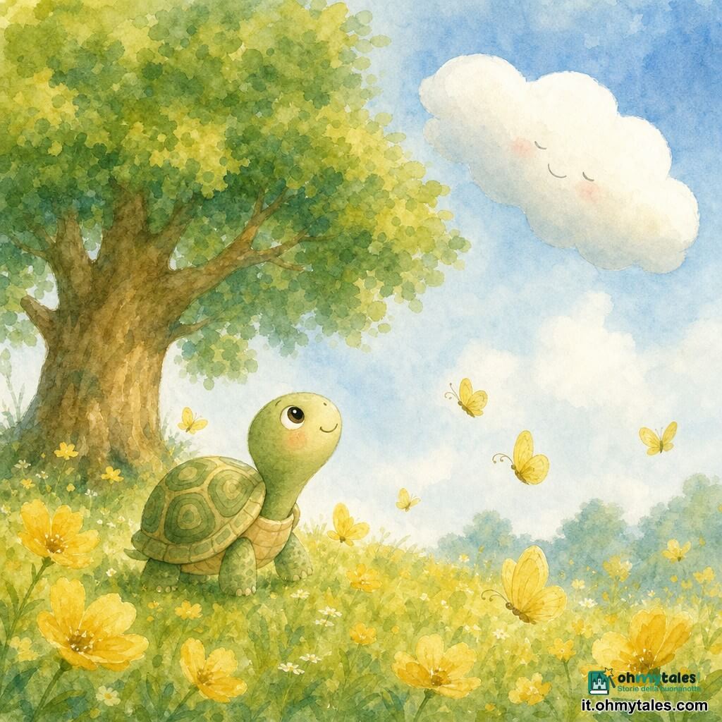 Una piccola tartaruga verde e beige con carapace rotonda dai motivi morbidi, muso sorridente e occhi brillanti che alza la testa camminando lentamente verso un grande albero; una nuvola bianca e soffice, forma arrotondata, inclinata sopra l'albero; un grande tronco marrone con foglie verdi a masse posto dietro la tartaruga e a sinistra; alcuni farfalle gialle leggere che svolazzano tra i fiori; un prato di fiori gialli vivaci ed erba verde con texture acquerellate e cielo azzurro pallido sfumato; scena calma e contemplativa: la tartaruga segue la nuvola con lo sguardo sotto l'albero, atmosfere dolci, colori pastello, contorni sfumati e forme arrotondate.