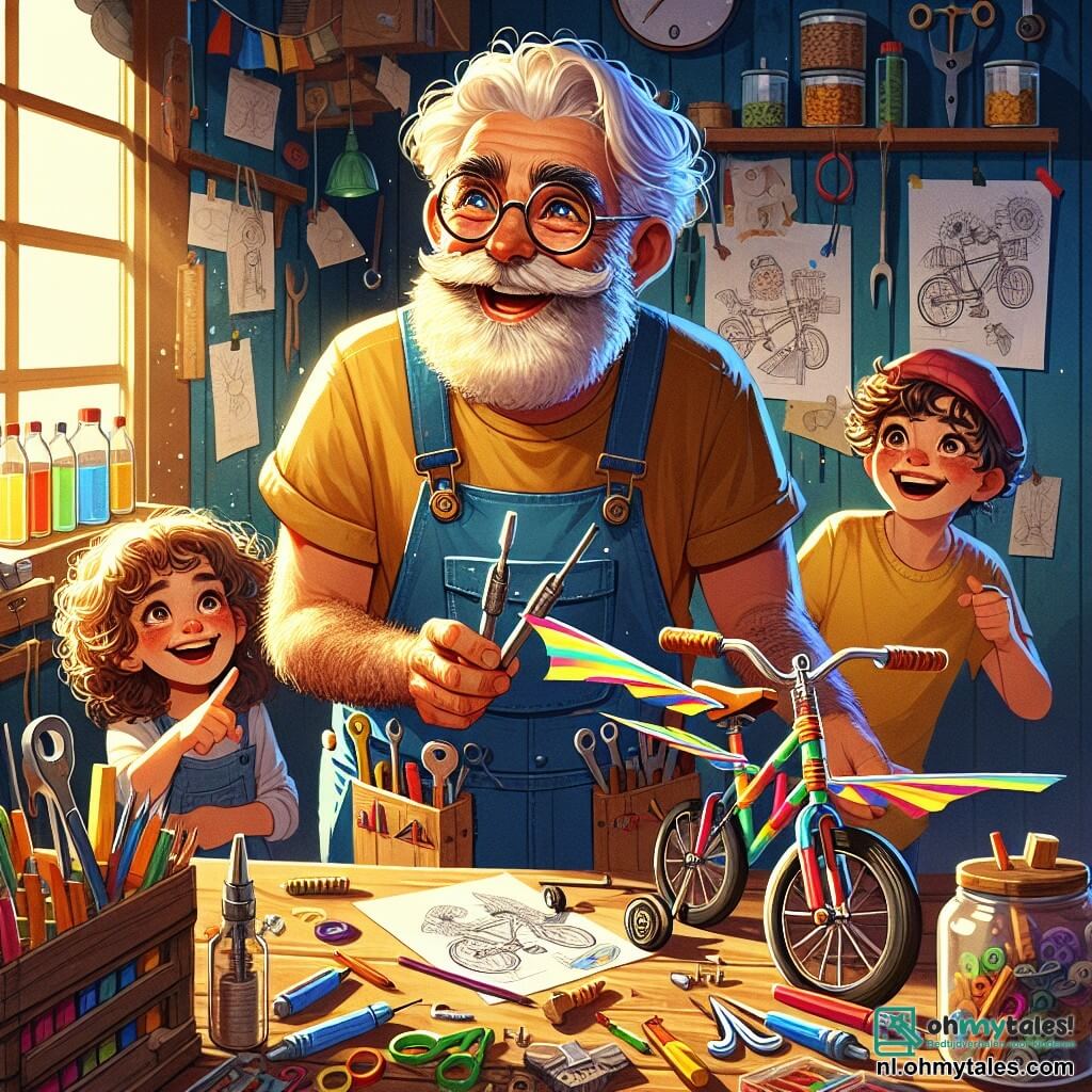 Een oude man, Opa Bram, met een grote witte baard en ronde brillen, staat in zijn werkplaats. Hij heeft een vrolijke glimlach en zijn ogen stralen van opwinding. Hij draagt een blauwe overall vol zakken, vol met kleurrijke gereedschappen. Opa Bram houdt een fiets vast in felle kleuren, met papieren vleugels, die hij probeert te laten vliegen. 

Twee kinderen, een 7-jarig meisje met krullend haar en een gele t-shirt, en een 6-jarig jongetje met een rode pet, kijken Opa Bram met verwonderde ogen aan. Het meisje houdt een klein notitieboekje en een potlood vast, klaar om de uitvinding te tekenen, terwijl het jongetje lachend naar de fiets wijst.

De werkplaats is vol rommel: houten planken vol vreemde mechanismen, potten met gekleurde schroeven en tekeningen aan de muur. Het zonlicht valt door een raam en verlicht de scène met een zachte gouden gloed.

Opa Bram probeert de fiets op te laten stijgen, maar hij valt met een komisch geluid, wat de kinderen aan het lachen maakt. De sfeer is vrolijk en vol creativiteit, waar falen wordt gevierd als een stap naar uitvinding.