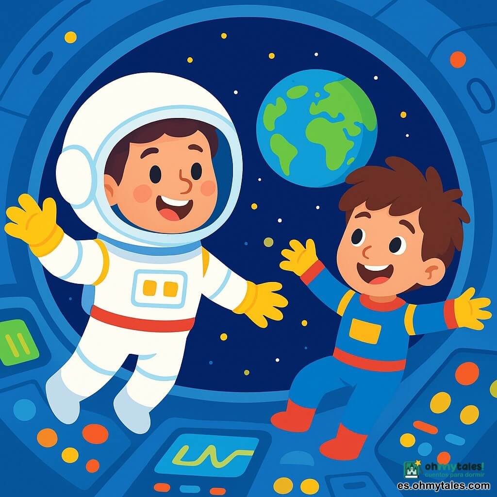 Un hombre astronauta, Pedro, flota alegremente en su nave espacial. Lleva un gran casco blanco y un traje brillante, con guantes suaves. Su rostro es sonriente y sus ojos brillan de emoción. A su lado, otro astronauta, Luca, un niño de unos 8 años, tiene el cabello castaño y lleva un traje colorido. También sonríe, con los brazos extendidos, como si estuviera flotando en el aire. La escena se desarrolla dentro de la nave espacial, que es redonda y está llena de botones luminosos y pantallas brillantes. A través de la ventana, se puede ver la Tierra, azul y hermosa, rodeada de estrellas brillantes. Pedro y Luca están trabajando juntos, examinando los motores de la nave con curiosidad y entusiasmo, compartiendo risas y gestos amigables, mostrando la importancia de la amistad y la colaboración en el espacio.