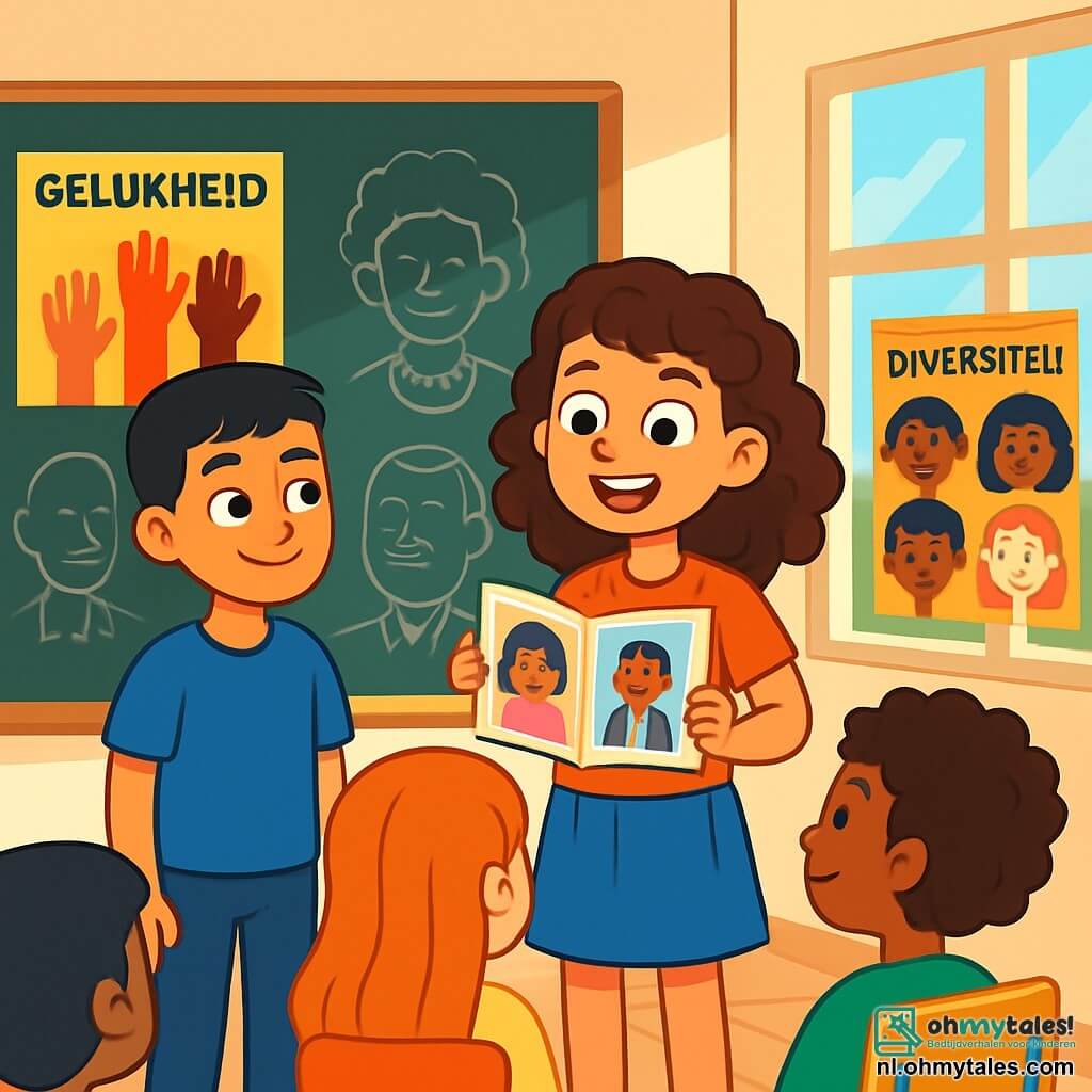 Een 12-jarig meisje, Loïs, met krullend bruin haar en nieuwsgierige ogen, staat voor een zwart bord in een heldere klaslokaal. Ze heeft een vastberaden en enthousiaste uitdrukking en houdt een open boek met kleurrijke illustraties in haar handen. Naast haar luistert Amir, een 12-jarige jongen van Marokkaanse afkomst, aandachtig. Hij draagt een blauwe t-shirt en heeft een bemoedigende glimlach op zijn gezicht, wat zijn steun voor Loïs toont. Het klaslokaal is versierd met inspirerende posters over gelijkheid en diversiteit, met ramen die zonlicht binnenlaten, waardoor de gezichten van de aandachtige leerlingen op kleurrijke stoelen verlicht worden. Loïs geeft een presentatie over historische figuren die tegen racisme hebben gestreden, en boeit de aandacht van haar klasgenoten, die met interesse en nieuwsgierigheid luisteren.