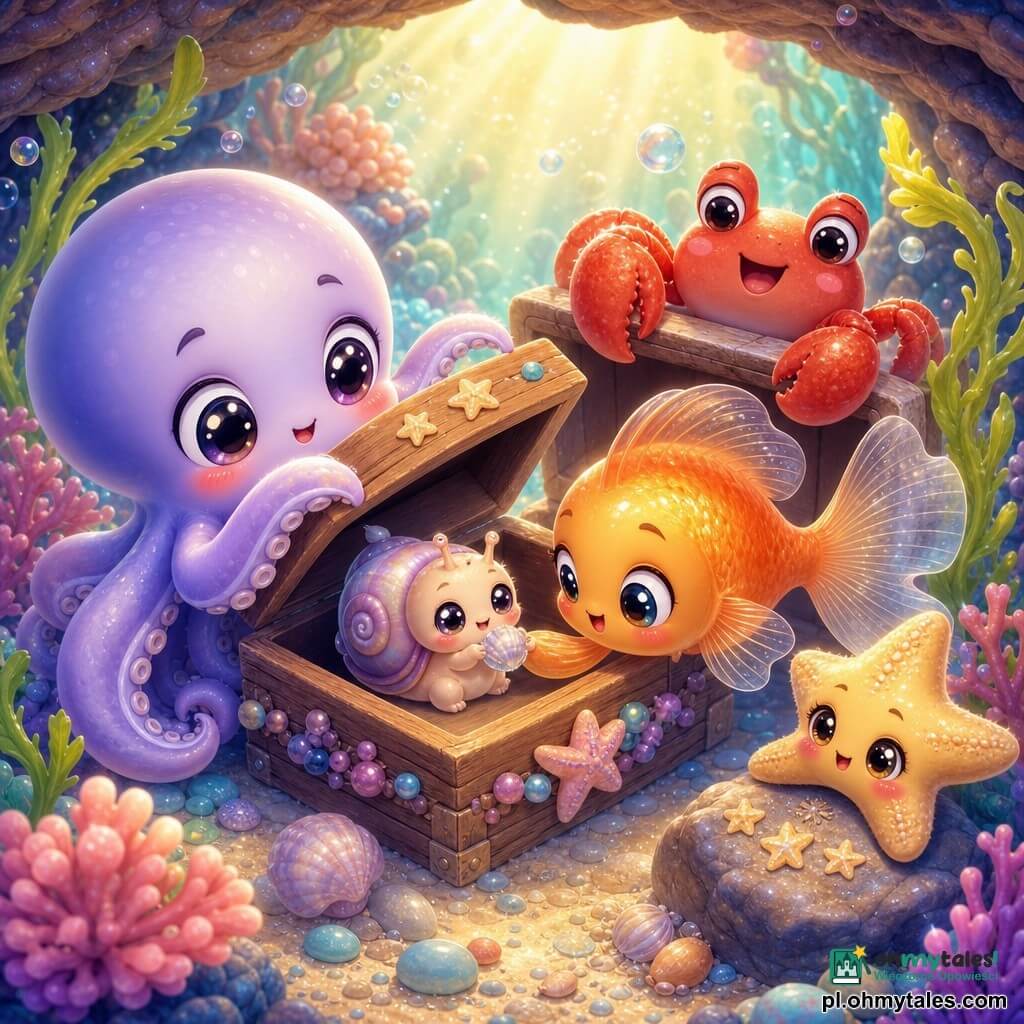 Mały chibi ośmiorniczek w bladolawendowym kolorze, duże błyszczące oczy i rumiane policzki, z ciekawym, łagodnym wyrazem twarzy podnosi wieczko małej drewnianej szkatułki zdobionej perełkami i rozgwiazdami; obok niego przyklejona mała pomarańczowa rybka chibi z przezroczystymi płetwami (Płetka), z szeroko otwartymi oczami i nieśmiałym uśmiechem, wyciąga płetwę ku muszelce w środku; w rogu szkatułki skulony mały chibi ślimaczek morski o perłowej skorupce, z mokrymi oczami i zawstydzoną, ulgą przesiąkniętą miną, trzyma mini-muszelkę jako prezent; ceglastoczerwony krab chibi (Kropelka) z szerokim uśmiechem i jedną szczypcą opartą o brzeg groty obserwuje scenę z dumą; bladożółta rozgwiazda chibi (Gwiazdka) na kamieniu, z błyszczącymi oczami, zostawiła drobne piaskowe gwiazdki na wieczku; miejsce: mała podwodna grota w akwarium rafowym z miękkim, złocistym światłem, pastelowymi koralowcami, falującymi wodorostami, unoszącymi się bąbelkami i wygładzonymi kamykami wokół piaszczystej placy; główna sytuacja: radosne, czułe odkrycie — ośmiorniczek otwiera szkatułkę i przyjaciele widzą małego ślimaczka z prezentem, ciepła atmosfera, pastelowe kolory, gładkie, błyszczące faktury, bezpieczny, kreatywny nastrój.