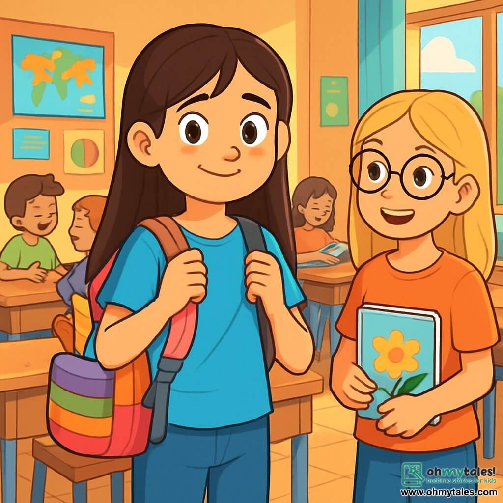 A 12-year-old girl, Sophie, with long brown hair and sparkling eyes, stands at the center of the stage, a nervous smile on her face. She wears a bright blue t-shirt and comfortable jeans, holding her new colorful backpack filled with school supplies. Next to her, another student, an 11-year-old girl with blonde hair and round glasses, looks at Sophie with a friendly smile, holding a sketchbook. In the background, the classroom is bright and welcoming, with walls decorated with colorful posters and windows letting in sunlight. Students are seated at wooden desks, some chatting happily, while others are flipping through their textbooks. The main scene shows Sophie, a bit hesitant but excited, ready to participate in a welcome activity with her new classmates.