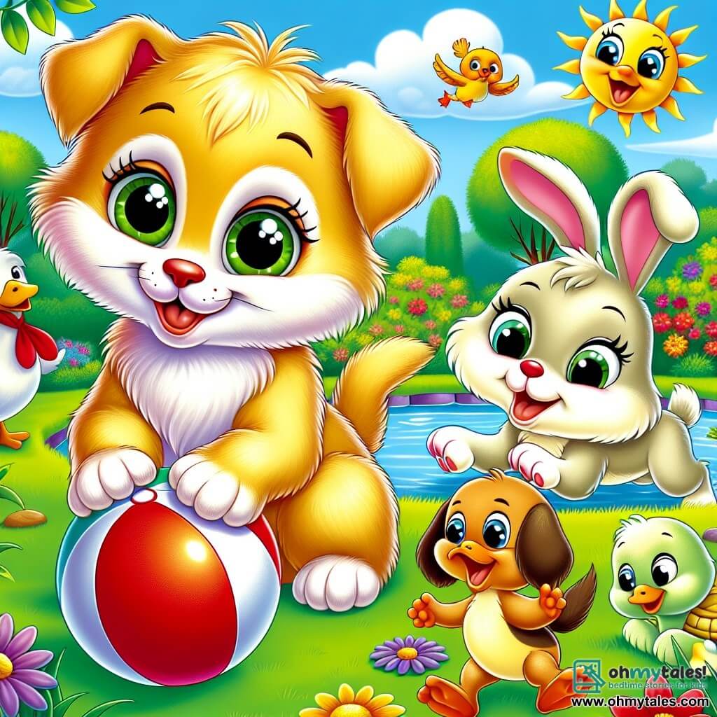 Sunny, a small cat with golden fur and sparkling green eyes, looks curiously and warmly at Pip, a light brown puppy with big floppy ears, who is playing with a large red ball. Sunny is sitting on the green grass, her front paws on the ground, while Pip, with his joyful gaze, tries to push the ball with his nose. Bunny, a rabbit with large white ears and bright eyes, happily hops beside them, laughing and pawing. Duck, a duck with bright yellow feathers, swims in a small pond nearby, looking on with a friendly smile. Turtle, a turtle with a green shell and mischievous eyes, is a bit further back, watching the scene with an encouraging expression. The setting is a sunny park filled with colorful flowers, green-leaved trees, and a clear blue sky dotted with fluffy white clouds. The main situation shows Sunny, intrigued and joyful, starting to approach Pip to play together, illustrating the theme of tolerance and friendship.