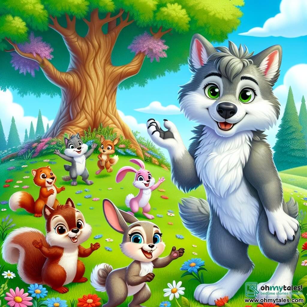 A young wolf with soft gray fur and bright green eyes, named Lupo, stands at the center of the scene, wearing a warm smile that shows his joy and acceptance. Beside him, a small rabbit with large ears and light brown fur, Bella, jumps happily, her eyes sparkling with excitement. A bright red squirrel, Max, is perched on a tree branch, making a celebratory gesture with his little paw, displaying a proud expression. The setting is a vast green meadow dotted with colorful flowers and a majestic oak tree, under a clear blue sky with a few fluffy white clouds. The scene radiates a joyful and welcoming atmosphere, where all the animals gather to celebrate their differences. The main situation shows Lupo, Bella, and Max preparing for a talent show, surrounded by other smiling and enthusiastic animals, ready to share their unique talents and celebrate friendship and tolerance.
