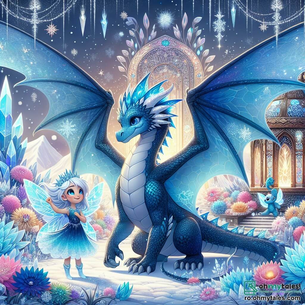 În centrul imaginii, un dragon majestuos numit Zafir, cu solzi de un albastru profund strălucind sub lumină, își desfășoară aripile mari cu o expresie hotărâtă pe față. Ochii săi strălucesc cu o lumină prietenoasă, în timp ce stă mândru în fața unui sanctuar magic, înconjurat de flori de gheață colorate care emit o lumină blândă. Lângă el, o tânără zână de gheață numită Iara, în vârstă de aproximativ 10 ani, cu părul argintiu și aripi translucide strălucitoare, își ridică brațele în semn de victorie. Ea poartă o rochie făcută din petale de flori de gheață și zâmbește cu bucurie, privindu-l pe Zafir cu admirație. În fundal, sanctuarul Florilor de Gheață se înalță măreț, cu munți acoperiți de zăpadă și cristale strălucitoare care strălucesc la soare. Fulgi de zăpadă dansează în aer, adăugând o notă de magie scenei. Situația principală îl arată pe Zafir, pregătit să apere sanctuarul împotriva unui vrăjitor malefic, cu o aură de curaj și hotărâre, în timp ce Iara îl încurajează cu entuziasm, creând o atmosferă de camaraderie și aventură.