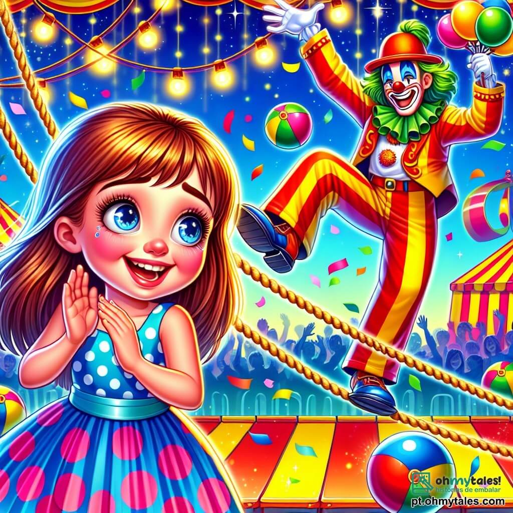Uma menina de 10 anos, com longos cabelos castanhos e olhos brilhantes de alegria, usa um vestido colorido de bolinhas. Ela está no centro do palco, com um grande sorriso iluminando seu rosto, enquanto observa maravilhada um funâmbulo desajeitado. À sua direita, um palhaço jovial, com um nariz vermelho e cabelos desgrenhados, faz caretas enquanto jongla com bolas coloridas. Ao fundo, um picadeiro listrado de vermelho e amarelo se ergue sob um céu azul claro, cheio de luzes cintilantes e bandeirinhas flutuantes. A cena mostra a menina aplaudindo entusiasticamente, enquanto o funâmbulo, segurando um chapéu, tenta manter o equilíbrio na corda, prestes a cair em uma nuvem de confetes coloridos.