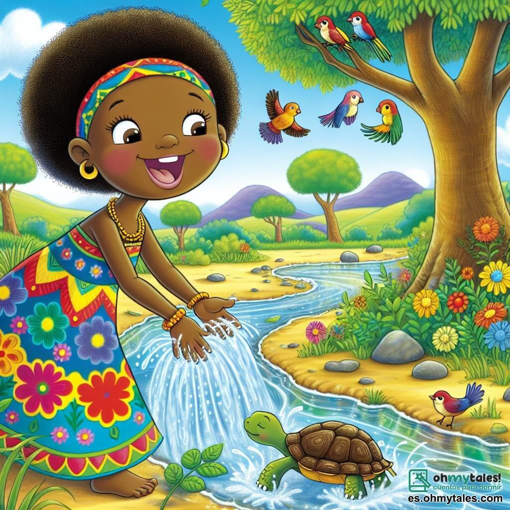 Amina, una mujer africana de unos treinta años, está de pie al borde de un arroyo, sonriendo ampliamente. Tiene la piel marrón, el cabello negro y rizado, y lleva un vestido colorido con motivos tradicionales. Sus brazos están abiertos, como para acoger la naturaleza que la rodea. A su lado, una tortuga sabia, con un caparazón verde y marrón, se mueve lentamente por el suelo, mirando a Amina con curiosidad. Más lejos, un grupo de pequeños pájaros coloridos canta alegremente en un árbol, con plumas brillantes de rojo, azul y amarillo que añaden vida a la escena. El lugar es un hermoso paisaje africano, con un cielo azul brillante, árboles majestuosos con hojas verdes y un arroyo que brilla al serpenteando por el suelo. Flores silvestres de colores vivos salpican el suelo, creando un cuadro vibrante de la naturaleza. Amina juega con el agua del arroyo, salpicando alegremente, mientras la tortuga la observa con sabiduría. Los pájaros cantan, añadiendo una melodía dulce a esta escena de felicidad y armonía con la naturaleza.