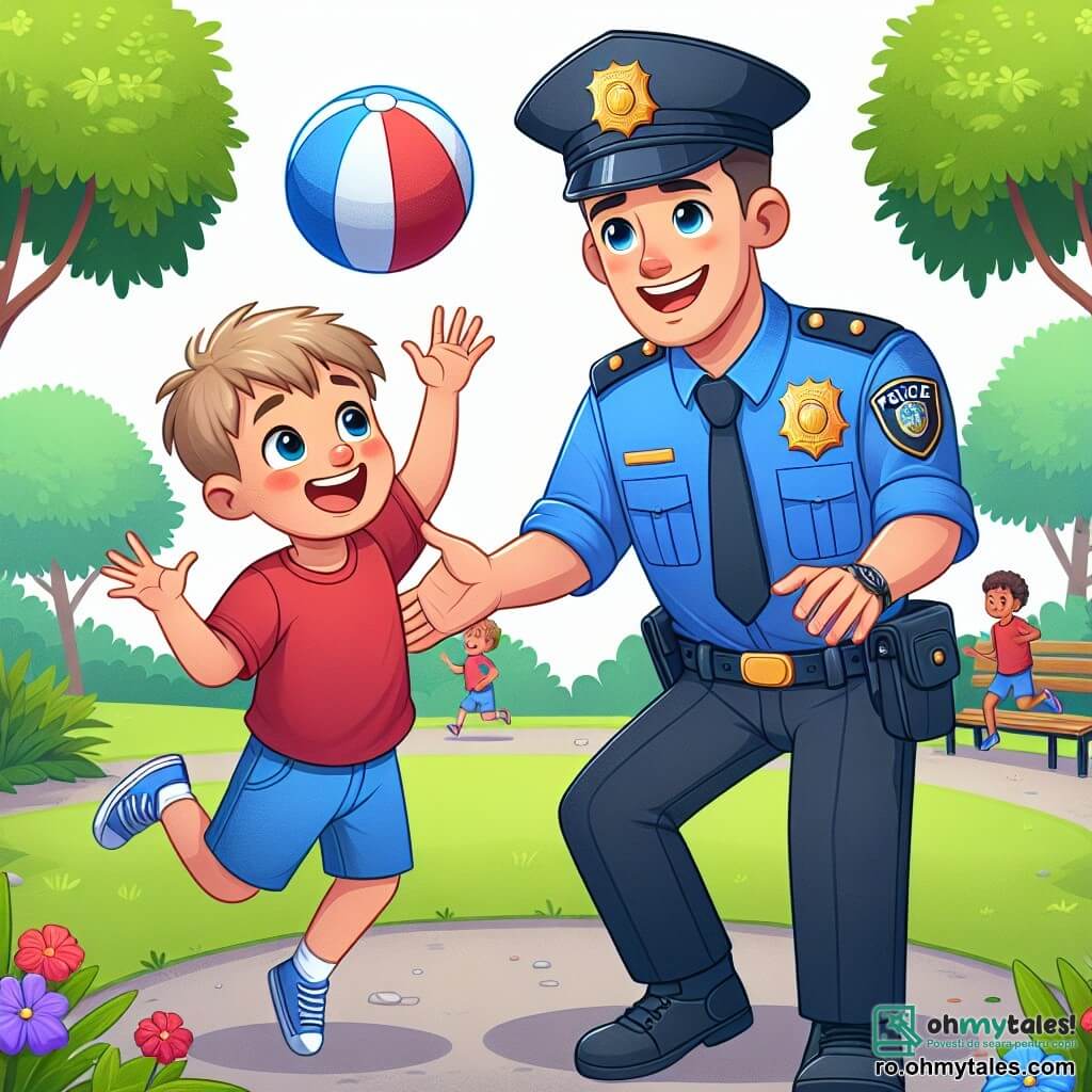Un polițist pe nume Andrei, zâmbitor și binevoitor, poartă o uniformă albastră cu un insignă strălucitoare pe piept. Are părul brun și scurt, iar ochii îi strălucesc de bucurie în timp ce se joacă cu o minge cu un băiat tânăr. Băiatul, Alex, de aproximativ 8 ani, are părul blond și dezordonat și poartă un tricou roșu cu o pereche de pantaloni scurți albaștri. Se află în parc, sărind pentru a prinde mingea, cu fața plină de entuziasm. Scena are loc într-un parc însorit, cu copaci verzi și flori colorate în jur. Andrei și Alex creează un moment de camaraderie și bucurie, simbolizând prietenia dintre un polițist și un băiat tânăr.