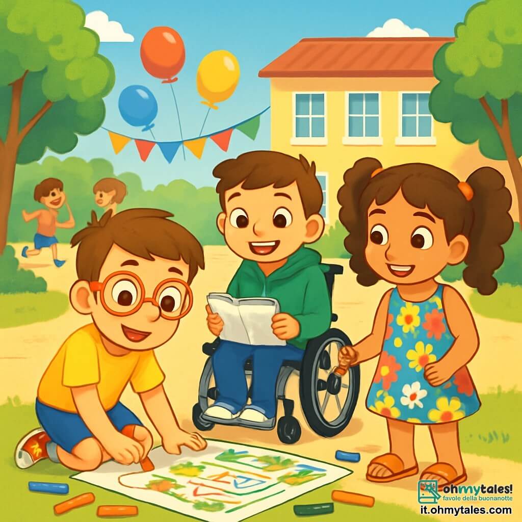 Ci sono 3 personaggi: Tommaso, un ragazzo di 8 anni con grandi occhi curiosi e occhiali rossi, che indossa una maglietta gialla e un pantaloncino blu, sta disegnando su un grande foglio di carta; Luca, un ragazzo di 8 anni con capelli castani e un sorriso splendente, in sedia a rotelle e con un felpa verde, osserva Tommaso con entusiasmo tenendo un taccuino; Sara, una ragazza di 8 anni con lunghi capelli ricci legati in due codini, indossa un vestito a fiori e sandali, è accanto a Tommaso pronta ad aggiungere colori al loro disegno comune. I personaggi si trovano in un cortile scolastico animato, circondato da alberi verdi e decorazioni colorate per la festa di inizio anno, con palloncini nel cielo blu e altri bambini che giocano sullo sfondo, creando un'atmosfera gioiosa e festosa. La scena principale mostra i tre amici che collaborano a un grande disegno del loro quartiere, con sorrisi radiosi sui volti, illustrando lo spirito di amicizia e creatività che li unisce.