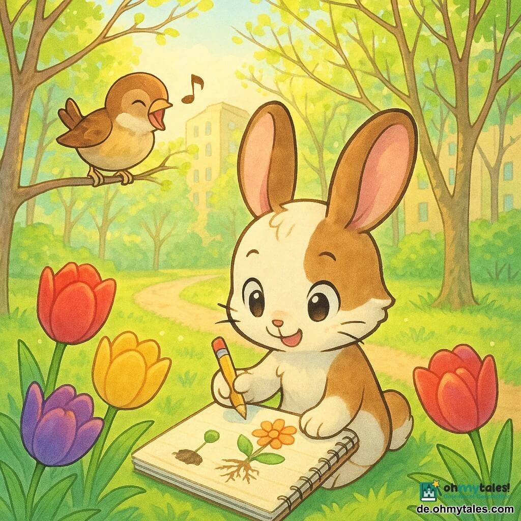 Die Hauptfigur ist ein kleiner weiß-brauner Hase mit großen weichen Ohren, runden glänzenden Augen und sanftem Lächeln, sitzt auf dem Gras und zeichnet in einem Skizzenbuch mit einem Bleistift; ein kleiner braun-gelber Sperling links auf einem Ast schaut ins Buch und singt; Vordergrund: einige rote, gelbe und violette Tulpen mit geöffneten Blüten; Hintergrund: Bäume mit grünen Knospen und zarten Blättern, ein versteckter Stadtpark zwischen hohen Häusern, weicher grüner Rasen, heller Kiesweg und goldene Morgenstrahlen; Szene zeigt den Hasen, wie er den Zyklus einer Blume zeichnet — dunkles Samenkorn, feine Wurzel, grüner Stängel, große farbige Blüte — während er die frische Frühlingsluft atmet; visueller Stil: kräftige Pastellfarben, weiche mangaähnliche Konturen, warme ruhige Atmosphäre.