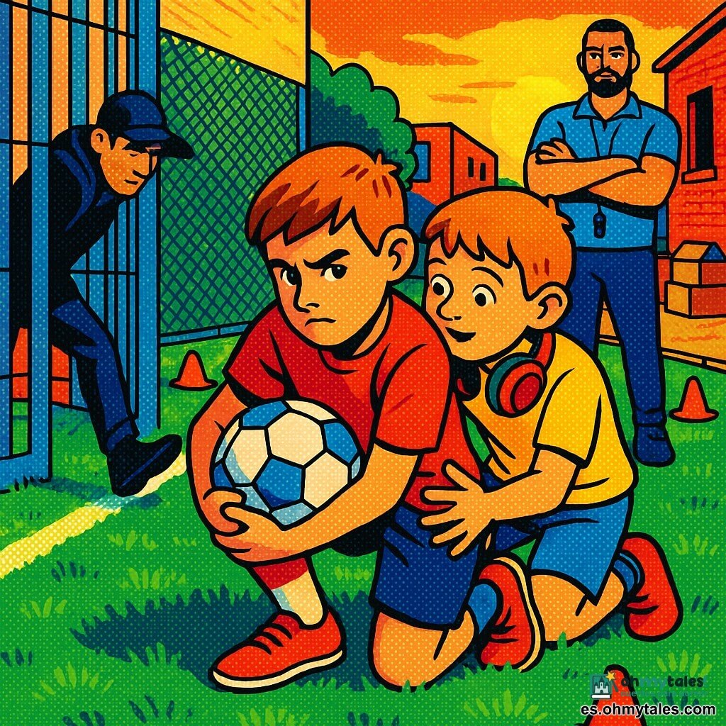 Un niño llamado Nico, 11 años, rostro concentrado y valiente, pelo castaño corto, acurrucado sobre la hierba con una rodilla apoyada, cubre un balón de fútbol blanco y azul con su cuerpo; detrás, Iker, ~11 años, oreja visible y auriculares colgando al cuello, expresión tímida pero leal y manos listas para ayudar; fuera de la valla metálica, un adolescente de 15–16 años con gorra oscura intenta alcanzar el balón desde la sombra; el entrenador Santi, ~35 años, corpulento, silbato al cuello y brazos cruzados, observa preocupado; campo de barrio al amanecer con césped verde, línea blanca desgastada, conos naranjas, una portilla metálica y un rincón con cajas y muro de ladrillo; luz dorada rasante, sombras largas; tensión tranquila: confrontación no violenta, solidaridad y respeto, composición dinámica, colores vivos y estilo pop art con contrastes marcados.