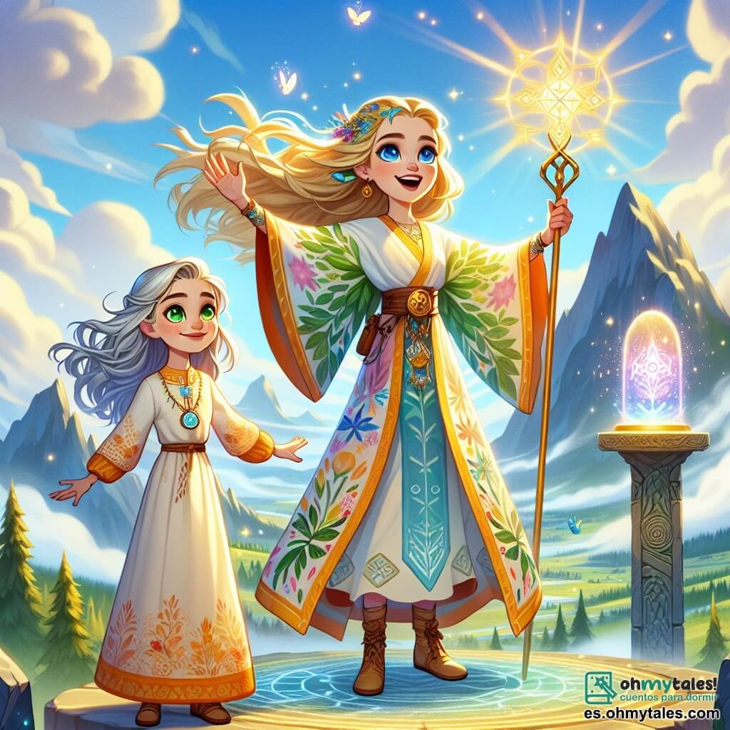 Una niña de 11 años, Elara, se encuentra en la cima de una majestuosa montaña, con el cabello dorado ondeando al viento y sus grandes ojos azules brillando de emoción y determinación. Lleva una túnica colorida con motivos de la naturaleza y un medallón brillante alrededor del cuello, levantando los brazos en señal de victoria, lista para activar el Crisol de los Elementos. A su lado, Aeliana, una joven de unos 18 años con cabello plateado y ojos verdes brillantes, sonríe con orgullo. Viste una ligera túnica que parece hecha de hojas y luz, sosteniendo un bastón mágico que pulsa con energía, animando a Elara. El lugar es una cima de montaña, rodeada de nubes suaves y paisajes verdes. El Crisol de los Elementos, un artefacto resplandeciente, brilla en el centro de un antiguo altar de piedra, iluminando la escena con una luz dorada, mientras destellos de magia flotan en el aire. La situación principal muestra a Elara lista para activar el Crisol, uniendo ciencia y magia para salvar su mundo, mientras una aura de luz brillante comienza a emanar del artefacto, simbolizando la esperanza y la aventura por venir.