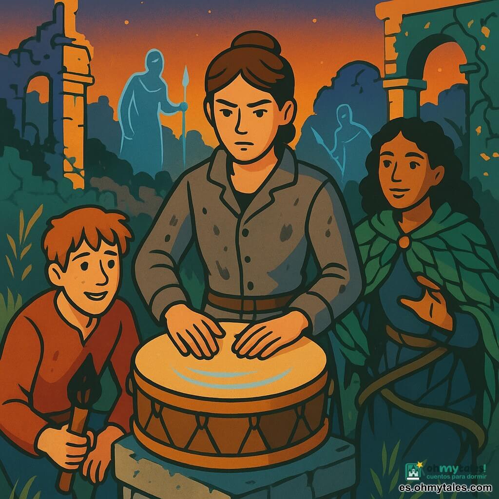 Liria, joven de unos 20 años, rostro concentrado y decidido, pelo castaño recogido, chaqueta gris de archivera manchada de hollín; monta un tambor antiguo sobre un pedestal, manos presionando la piel y el aro de madera, expresión resuelta y tierna, postura erguida y heroica. Tomás, adolescente de unos 17 años, pelo rojo despeinado y manchas de harina, sonríe nervioso agachado a la izquierda sosteniendo una antorcha apagada listo para protegerla. Brina, joven de unos 18 años, piel bronceada, pelo negro rizado, capa de hojas verdes, detrás a la derecha apoyada en una piedra con manos abiertas llamando al bosque, mirada benevolente. El consejero Serevan, hombre de unos 45 años, rostro pálido y severo, abrigo oscuro con anillos brillantes, inmovilizado por lianas que salen del suelo, mirada sorprendida. Lugar: ruinas de la ciudad de Rhel al crepúsculo, columnas rotas, muros cubiertos de hiedra, hierba alta y piedras fisuradas, cielo violeta anaranjado y polvo luminoso; frescos erosionados con guerreros y tambores. Situación: momento dramático y esperanzador: el tambor reconstruido emite su primer redoble visible como ondas circulares gráficas y luz azul suave que hace que soldados lejanos vuelvan a ser humanos. Estilo: colores planos y contrastados, contornos nítidos, texturas simples, composición centrada en Liria y el tambor, expresión clara, apto para póster juvenil de Heroic Fantasy.