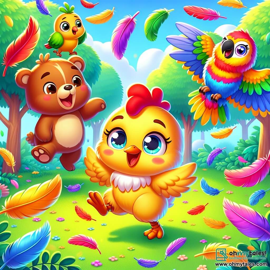 A hen named Clucky, with golden feathers and sparkling curious eyes, joyfully dances in the middle of a colorful feather forest, a big smile on her face. Next to her, a brown bear named Benny, with soft fur and round eyes, stands laughing while holding a feather in his paws. A vibrant parrot named Polly, with green and red feathers, flies around them, wings spread, making joyful sounds. The setting is a sunny clearing filled with floating bright-colored feathers, under a clear blue sky and lush green trees. The scene depicts Clucky and her friends having fun together, jumping and playing in this magical feather forest, filled with laughter and happiness.