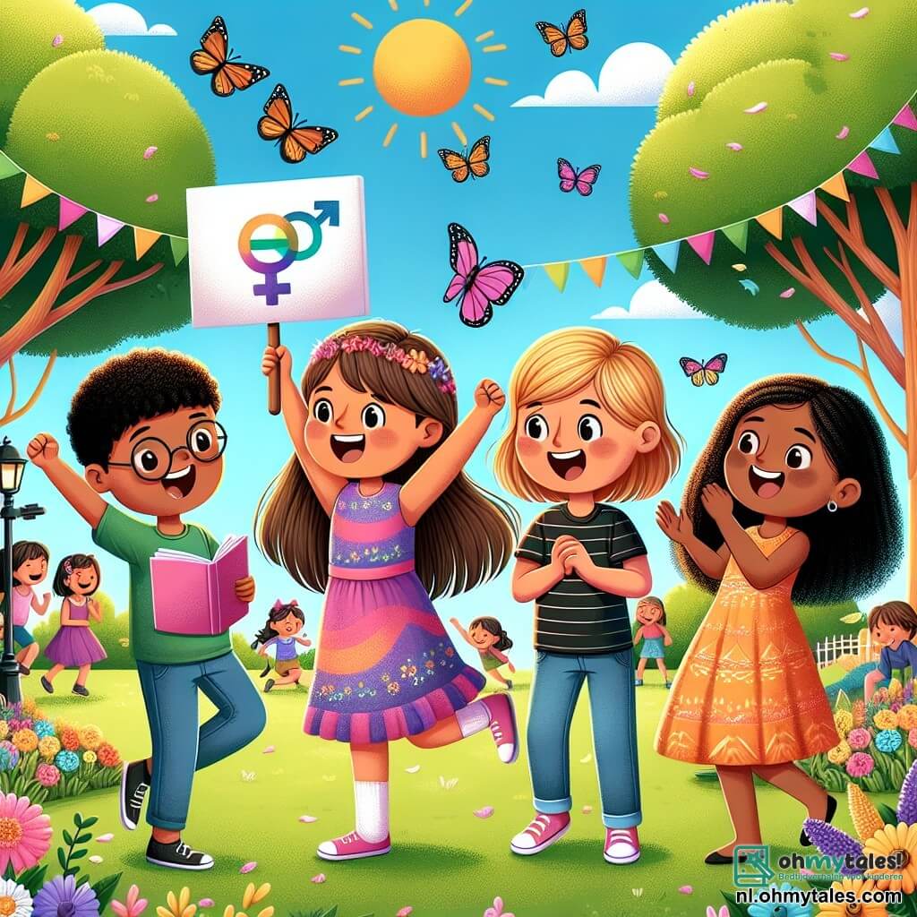 In een zonnig park staan vier vrienden samen, omringd door groen en kleurrijke bloemen. Emma, een 11-jarig meisje met bruin haar en een bril, glimlacht terwijl ze een poster over gendergelijkheid vasthoudt. Naast haar tekent Lucas, een 11-jarige jongen met blond, krullend haar, met kleurpotloden in een notitieboek, geïnspireerd door de energie van zijn vrienden. Noor, een 11-jarig meisje met zwart, steil haar, danst vrolijk in een kleurrijke jurk, terwijl Samira, een 11-jarig meisje met kastanjebruin, krullend haar, haar vrienden aanmoedigt met een grote glimlach. Het park is gevuld met stralende bloemen, majestueuze bomen en een heldere blauwe lucht, wat een vrolijke en inspirerende sfeer creëert. In de verte spelen kinderen samen, wat de harmonie en inclusiviteit illustreert. De vrienden zijn verenigd in hun ideeën om gendergelijkheid te bevorderen, met kleurrijke posters om hen heen die hun inzet symboliseren om hun stem te laten horen en anderen te inspireren.