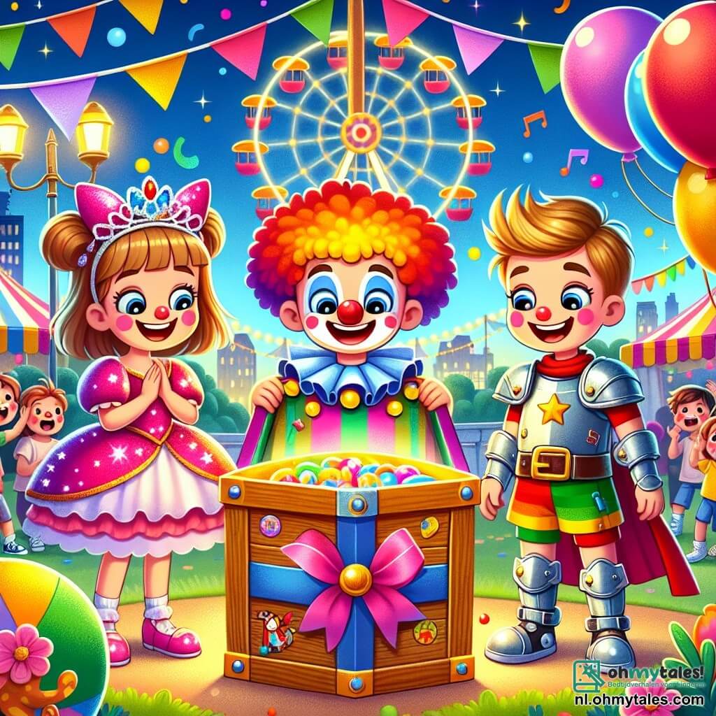 In een kleurrijk park staan drie vrienden in het midden van de scène. Max, een 8-jarig jongetje, draagt een opvallend clownspak met een grote rode neus en multicolore schoenen. Rechts van hem staat Lisa, een 7-jarig meisje, verkleed als prinses met een glinsterende roze jurk en een stralende tiara. Links staat Sam, een 8-jarig jongetje, gekleed in een kartonnen ridderuitrusting en met een plastic zwaard in zijn hand. Het park is gevuld met kleurrijke ballonnen, feestelijke slingers en spelstands. Op de achtergrond draait een groot reuzenrad langzaam, verlicht door fonkelende lichten. Kinderen lachen en dansen om hen heen, wat een vrolijke en feestelijke sfeer creëert. De drie vrienden ontdekken een grote houten doos versierd met kleurrijke decoraties, die ze net onder een grote gouden bal hebben gevonden. Ze kijken verwonderd naar de doos, benieuwd naar de schat die erin verborgen zit.