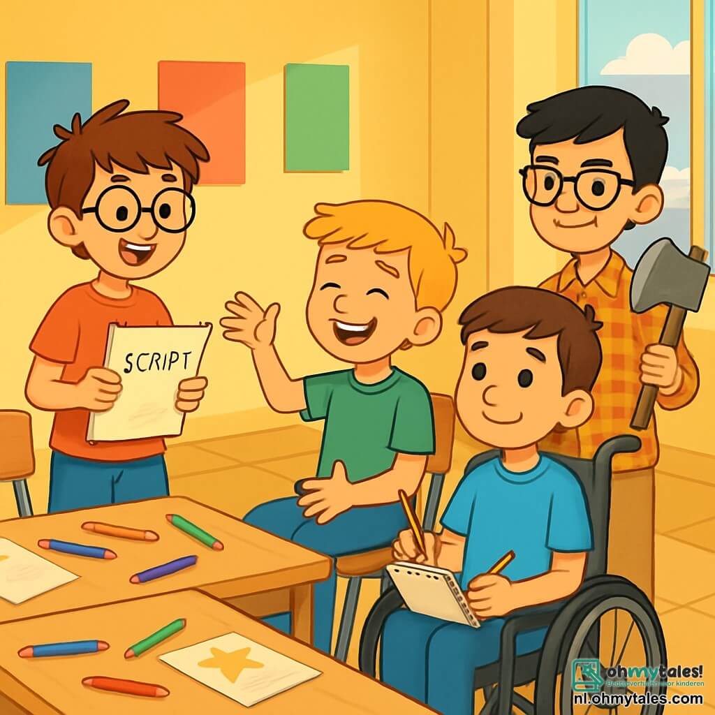 Er zijn 4 kinderen: Daniël: een 10-jarig jongen met rommelig bruin haar en ronde brillen. Hij draagt een rood t-shirt en een blauwe short. Hij staat, glimlachend en enthousiast, met een script in zijn handen. Sam: een 10-jarig jongen met blond haar en sproeten. Hij draagt een groen t-shirt en een spijkerbroek. Hij zit op een stoel, lacht en maakt grappige gebaren om zijn vrienden aan te moedigen. Lucas: een 10-jarig jongen met kastanjebruin haar en een warme glimlach. Hij zit in zijn rolstoel, draagt een lichtblauw t-shirt en houdt een potlood en een notitieboekje vast, klaar om ideeën voor hun toneelstuk op te schrijven. Thomas: een 10-jarig jongen met zwart haar en vierkante brillen. Hij draagt een geruite shirt en een beige broek. Hij staat naast Lucas, houdt rekwisieten vast en heeft een vastberaden blik. De scène speelt zich af in een heldere klaslokaal met gele muren en kleurrijke posters. Houten tafels staan in een cirkel, en potloden, papier en decoraties liggen verspreid over de tafels. Een groot raam laat zonlicht binnen, waardoor de ruimte verlicht wordt. De kinderen zijn druk bezig met de voorbereiding van hun toneelstuk. Lucas in zijn rolstoel doet voorstellen, terwijl Daniël en Sam lachen en Thomas druk bezig is met het verzamelen van de rekwisieten. De sfeer is vrolijk en creatief, vol energie en vriendschap.