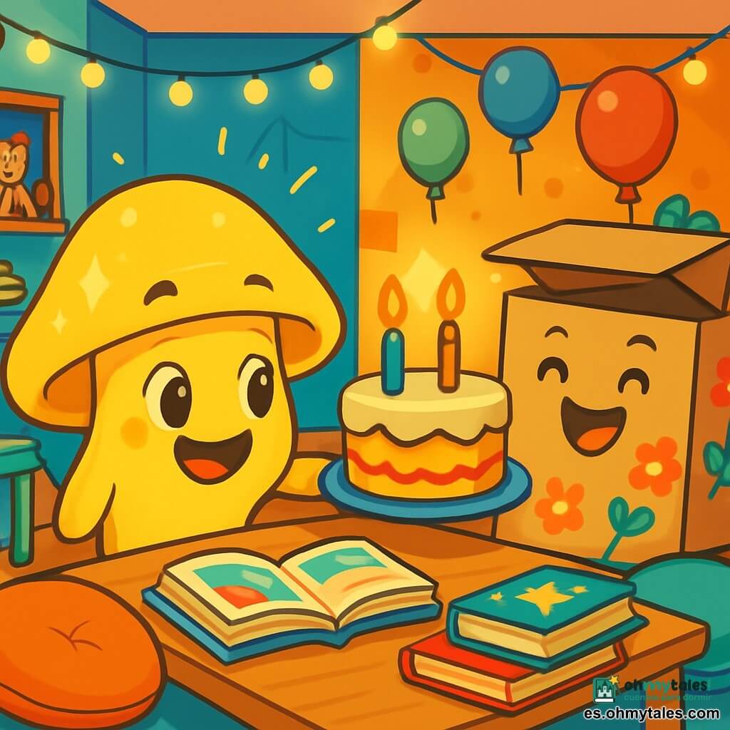 Luna, una pequeña lamparita amarilla en forma de hongo con una suave luz centelleante, brilla de emoción, sus ojos redondos chispeando de alegría mientras prepara un rincón de lectura para el cumpleaños de su mejor amiga. A su lado, Caja, una caja de cartón decorada con flores coloridas, muestra una gran sonrisa, sus esquinas ligeramente dobladas como si estuviera riendo, mientras sostiene una hermosa torta con velas encendidas. El museo de juguetes, lleno de paredes pintadas de colores vivos y juguetes esparcidos, está decorado con guirnaldas luminosas y globos flotantes, creando una atmósfera festiva y cálida. Luna y Caja se afanan alegremente alrededor de la mesa, rodeadas de libros de cubiertas brillantes y cojines mullidos, listas para celebrar un momento mágico lleno de risas y lecturas.