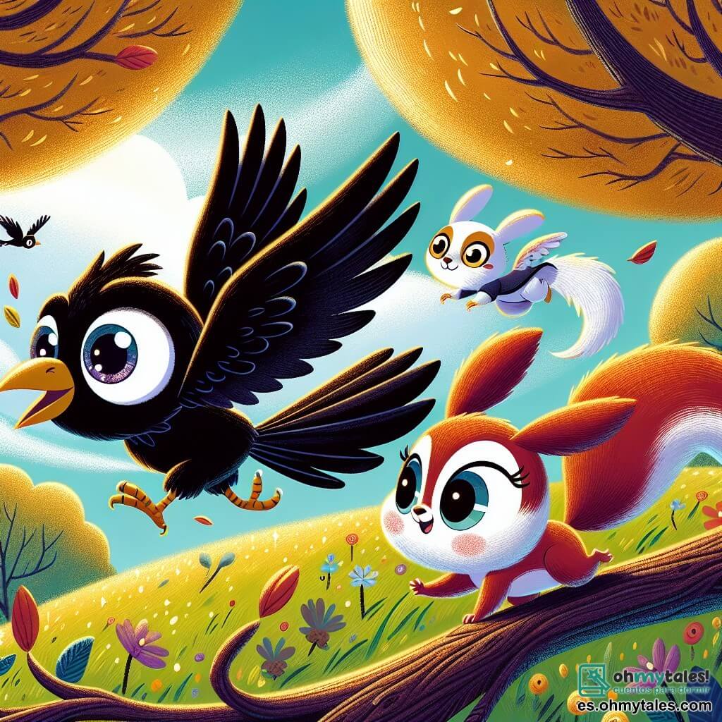 Un pequeño cuervo llamado Coco, con plumas negras brillantes y ojos chispeantes de emoción, vuela alto en el cielo, con las alas desplegadas y una expresión de alegría y determinación. A su lado, una pequeña ardilla roja llamada Tina, con una cola esponjosa y ojos curiosos, salta de rama en rama, mirando a Coco con admiración. Un pequeño conejo blanco llamado Roco, con orejas largas y un pelaje suave, se encuentra en una rama, un poco atrás, mostrando una expresión de duda pero listo para seguir a sus amigos. La escena transcurre en la cima de una colina verde, rodeada de árboles con hojas doradas que brillan bajo el sol, mientras una suave brisa hace bailar las flores coloridas en el suelo. Los amigos están en una aventura, luchando juntos contra un fuerte viento que sopla a su alrededor, determinados a alcanzar un lugar mágico más allá de la colina.