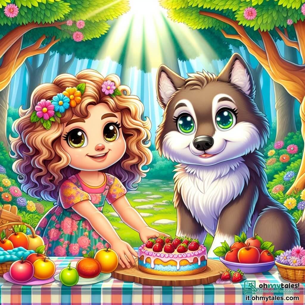 Una bambina di 5 anni, con capelli ricci color caramello e occhi brillanti di curiosità, si trova al centro della scena. Indossa un vestito colorato a fiori e un grande sorriso sul volto, che esprime il suo entusiasmo e la sua determinazione. Accanto a lei, un grande lupo dal pelo morbido e marrone, con occhi luminosi e amichevoli, si china leggermente in avanti, mostrando il suo interesse per la bambina e il desiderio di fare amicizia. Il contesto è una radura incantata, circondata da alberi maestosi con foglie verdi brillanti, e fiori multicolori che danzano al vento. I raggi di sole filtrano tra i rami, creando un'atmosfera calda e accogliente. La scena principale mostra la bambina e il lupo mentre preparano una festa insieme, con frutti succosi e torte colorate disposte su una grande tovaglia a quadretti. Lella, con un'espressione determinata, mostra al lupo come disporre le leccornie, mentre il lupo, con un sorriso timido, la osserva attentamente, pronto a fare nuove conoscenze.