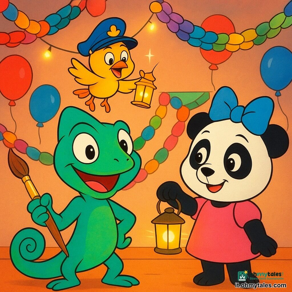 Lino, un camaleonte artista, è al centro dell'immagine, la sua pelle cambia in colori vivaci come il verde smeraldo e il blu turchese, con un grande sorriso gioioso. Tiene un pennello dorato e si trova davanti a una grande ghirlanda colorata appesa al muro. Alla sua destra, Mina Panda, con un grande fiocco blu sulla testa, sorride teneramente tenendo una lanterna luminosa. Capitan Piuma, un piccolo uccello con un cappello da capitano, vola sopra di loro, agitando una piccola lanterna scintillante. La scena si svolge in una sala di festa decorata con ghirlande di carta multicolori e luci scintillanti, con palloncini che fluttuano al soffitto. L'atmosfera è festosa e accogliente, piena di colori brillanti e sorrisi radiosi.