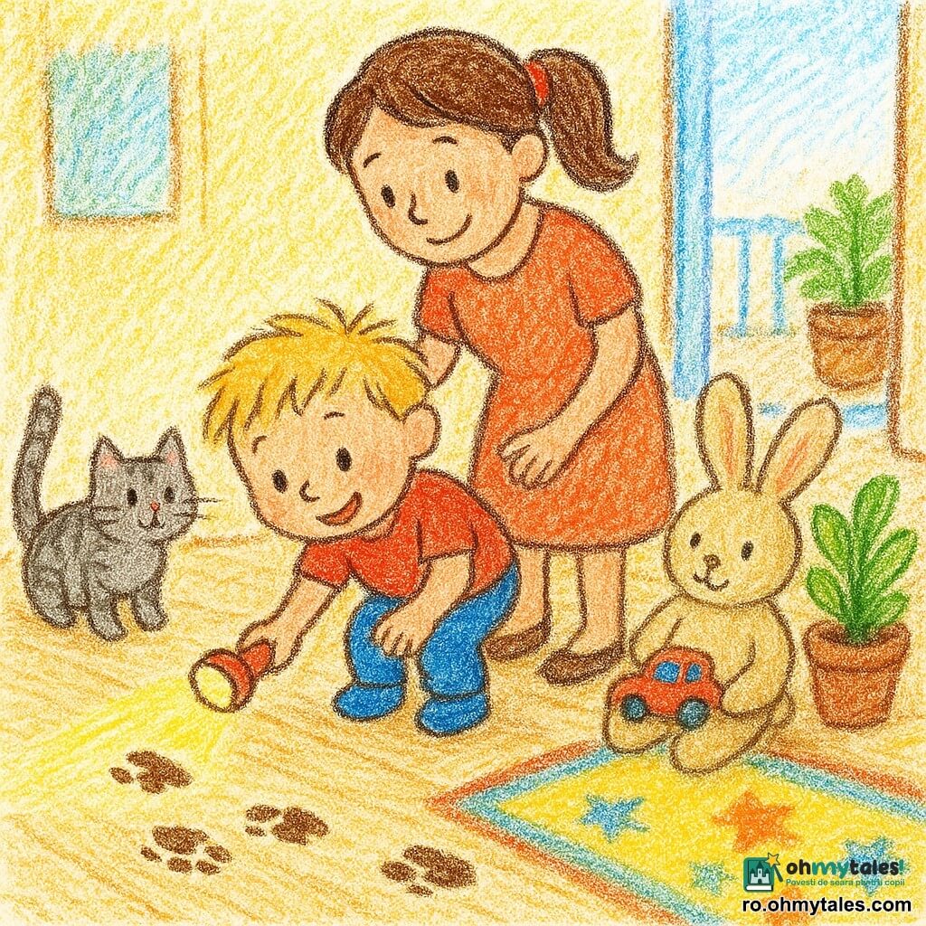 Un băiat de 2 ani, zâmbitor și curios, cu păr blond în dezordine, ține o lanternă mică și urmărește urme de noroi pe podea; mama sa, în jur de 30 de ani, cu păr castaniu prins în coadă, rochie simplă, îi ține mâinile pe umeri cu privire blândă; o pisică gri tigrată stă la stânga cu coada ridicată și nasul spre urme; un mare iepure de pluș bej zace lângă un ghiveci verde, ținând o mașinuță jucărie găsită; sufrageria e luminată, cu podea din lame de lemn deschis și covor colorat cu stele, iar ușa-fereastră deschisă spre un balcon cu o plantă; scena principală e o mică anchetă veselă: băiatul urmărește urmele cu lanterna, mama îl încurajează, pisica arată direcția și plușul păstrează jucăria găsită.