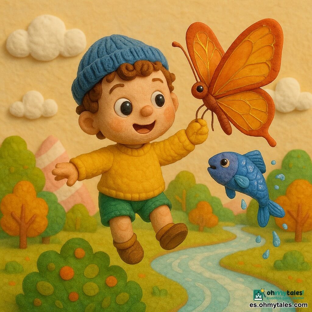 Un niño de 2 años, Nico, sorprendido y sonriente, juega a volar: gorro azul, cabello castaño rizado, jersey amarillo y pantalón corto verde; una gran mariposa rojo‑naranja de alas translúcidas venadas de oro se posa en su mano y lo guía, mientras un pequeño pez saltarín violeta‑azul salpica gotas brillantes; flota sobre un bosquecillo mágico con los brazos abiertos, expresión alegre y confiada, bajo un cielo pastel con nubes algodonosas, montañas de caramelo rosa y blanco, un río de leche brillante y árboles de hojas multicolores, luces cálidas y colores vivos que crean una atmósfera de descubrimiento y aventura tierna.