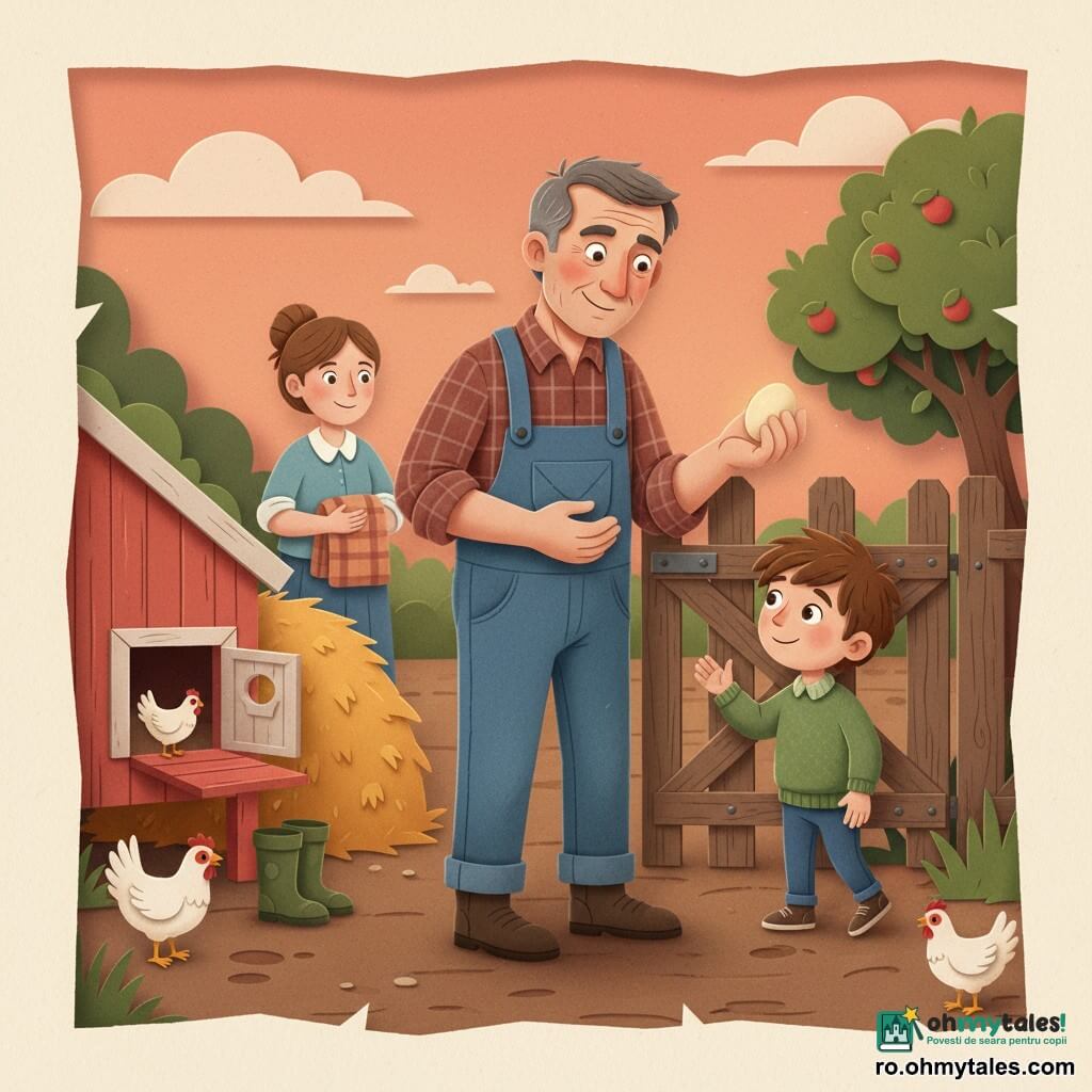 Un agricultor de circa 50 de ani, față brăzdată și mâini bătătorite, poartă o cămașă în carouri brun-roșu și o salopetă albastră; zâmbește blând ținând un ou mare și cald în palma stângă lângă un vechi porțel de lemn. Un băiat de vreo 10 ani, păr brun ciufulit și ochi curioși, poartă un pulover verde și privește oul cu admirație întinzând mâna, stând la dreapta omului. O femeie de aproximativ 40 de ani, vecină, cu părul prins în coc, ține o pătură pliată și stă câțiva pași în spate lângă un grămadă de fân. Curte de fermă la amurg: pământ bătătorit, cotețe roșii pentru găini și un măr în fundal, cer portocaliu-roz. Moment tandru în care agricultorul îi arată băiatului cum să țină un ou, gesturi lente și protectoare, lumină blândă de seară, texturi de hârtie decupată, umbre nette și forme simple, paletă caldă și naturală.