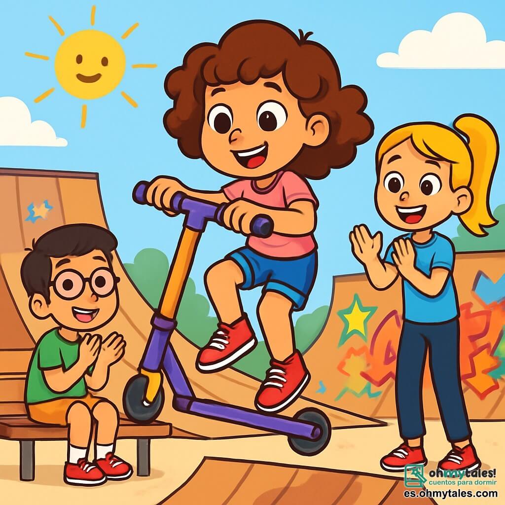 Hay 3 personajes: - Sofía: una niña de 10 años, con grandes ojos marrones y cabello rizado castaño. Lleva una camiseta rosa y un short de mezclilla, y está patinando con un patinete colorido. - Valeria: una niña de 10 años, con cabello largo y rubio, atado en una coleta. Lleva una camiseta azul y pantalones deportivos negros, y anima a Sofía con una gran sonrisa. - Miguel: un niño de 10 años, con cabello negro y gafas. Lleva una camiseta verde y un short naranja, y está sentado en un banco, mirando a las chicas con admiración. La escena tiene lugar en un skatepark vibrante, lleno de rampas de madera y grafitis coloridos en las paredes. El sol brilla en un cielo azul claro, y niños juegan alrededor, creando una atmósfera alegre y animada. La situación principal muestra a Sofía realizando un salto en su patinete, mientras Valeria la anima con entusiasmo. Miguel, sentado en el banco, aplaude con una sonrisa, admirando el valor de sus amigos.