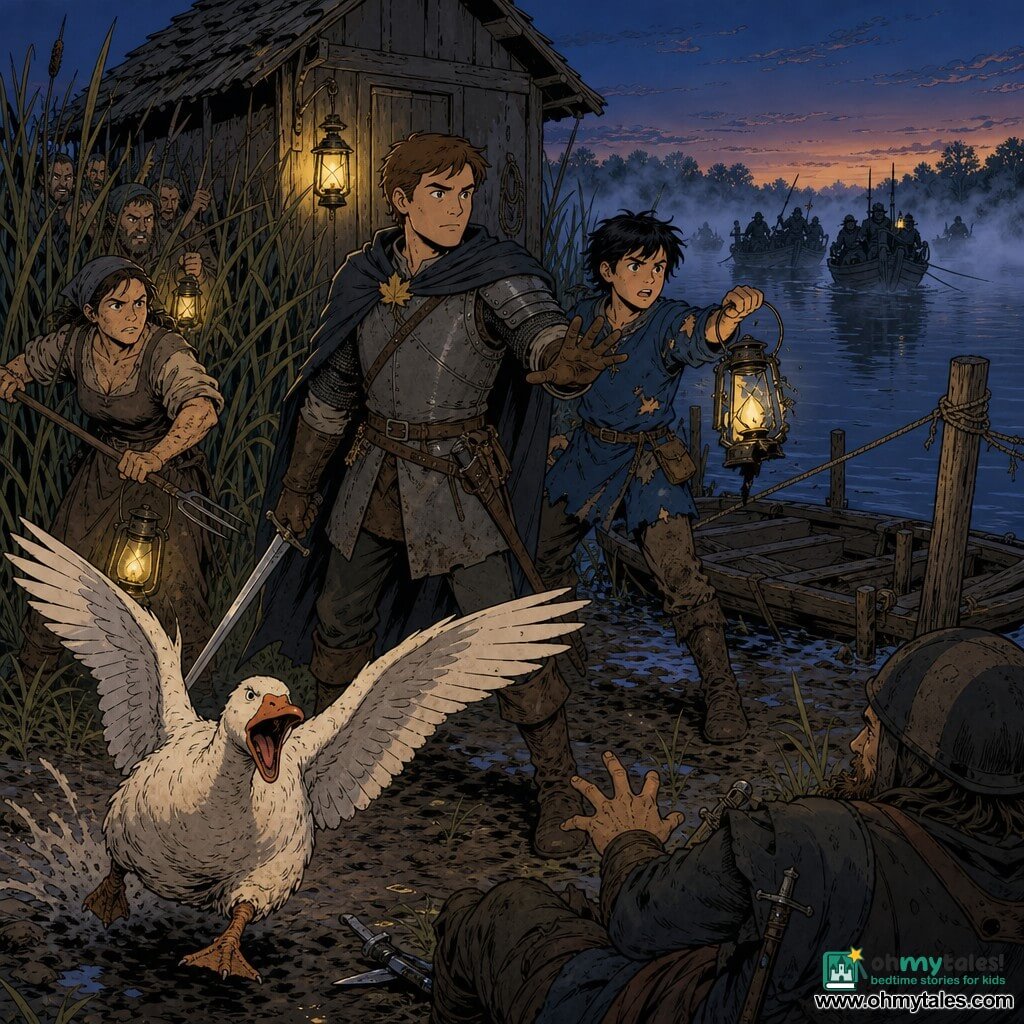 A young knight of about 25 with a gentle face, short chestnut hair, simple worn armor and a small willow-leaf brooch on his coat, standing calm and resolute with his sword pointed down by a small wooden hut; behind him Finn, a 13-year-old squire with messy black hair and a torn blue tunic, panting and holding a broken lantern while looking toward the river; to the left Hessa, a 40-year-old villager woman with muscled arms, rolled sleeves and a mud-streaked dress, partly hidden in the reeds ready to defend the crossing; Old Nettle, a fat, aggressive white goose with an open beak, charging at the foreground with wings spread in a comical yet fierce pose; setting: a ferry crossing at dusk with a muddy bank, wooden posts, a flat boat tied to the pier, dark reflective water, tall reeds and light mist rising, flickering oil lamps casting warm yellow light; action: villagers bursting from the reeds repelling a bandit attack, the knight holding order as the squire brandishes the lantern and enemy boats barely visible in the fog on the river; graphic style: contrasting colors (evening grays and blues, warm lantern yellows), clear expressive lines, dramatic but child-friendly.