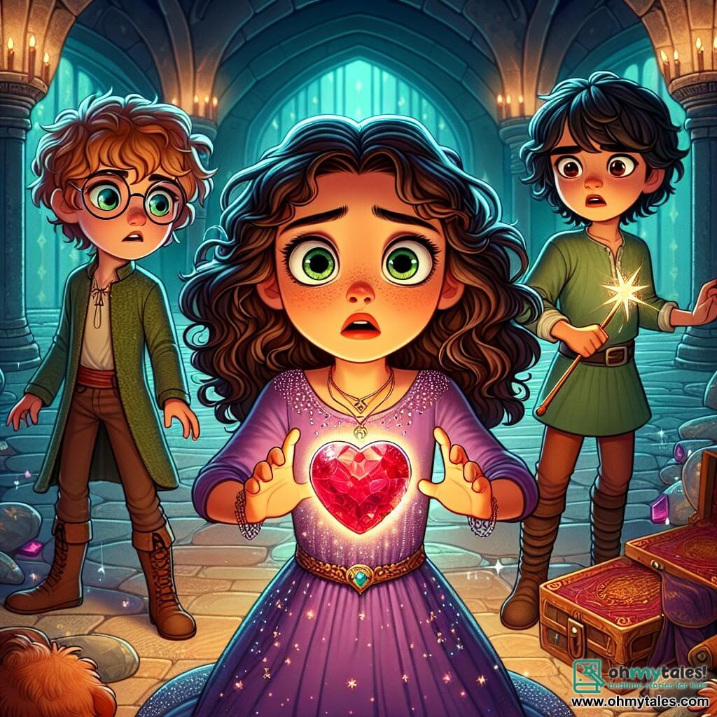 Clara, an 11-year-old witch with curly brown hair and round glasses, stands in the center of a magical room, her eyes wide with wonder. She wears a purple dress adorned with sparkling stars and reaches out toward a magnificent red stone heart, the Heartstone, which shines brightly in front of her. Next to her, Theo, a 12-year-old boy with chestnut hair and sparkling eyes, watches in fascination, his mouth slightly open. He wears a green tunic and holds a magic wand, ready for action. Lila, a 10-year-old girl with long black hair and a blue dress, stands a bit back, looking anxious yet determined, ready to support her friends. The scene takes place in a vast underground chamber, with walls adorned with shining crystals and ancient symbols, illuminated by a soft, mysterious light emanating from the Heartstone. Ancient books are scattered around them, and the atmosphere is charged with magic and excitement. The main situation shows Clara, surrounded by her friends, channeling their magic toward the Heartstone, uniting their forces to stabilize the ley lines and protect their academy from the looming dark threat.