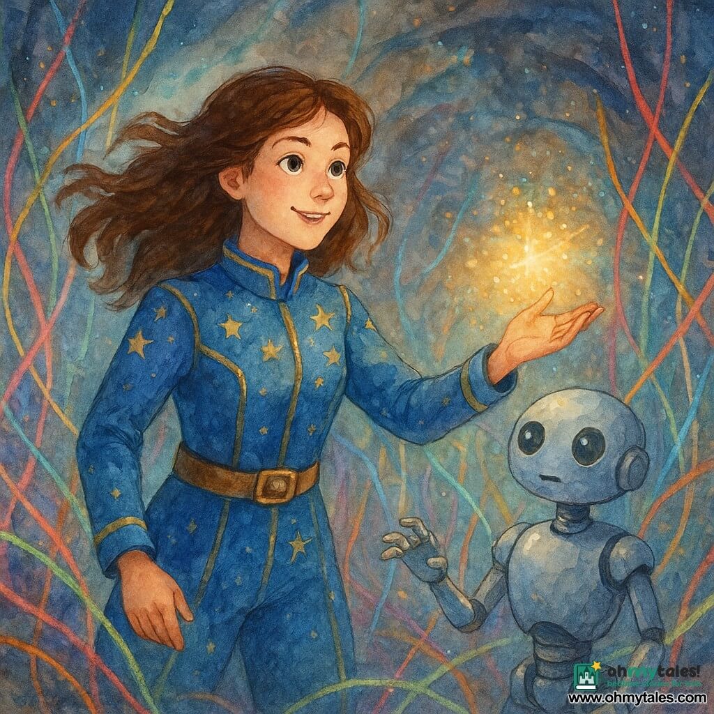 Captain Liora Starling stands with a determined and kind expression. Her brown hair floats in the air, her eyes sparkling with courage, and she wears a space uniform adorned with starry patterns. She reaches out towards a shimmering light. Beside her, a robot named Loom, with a silver body and delicate fingers, attentively observes the luminous threads. He stands slightly back, ready to assist. The setting is an underground cavern on the planet Oria, filled with light threads woven like a forest of colored glass, illuminating the space with a soft rainbow glow. The main scene shows Liora and Loom working together to repair the planet's luminous core, surrounded by gently vibrating bright threads, creating an atmosphere of magic and hope.