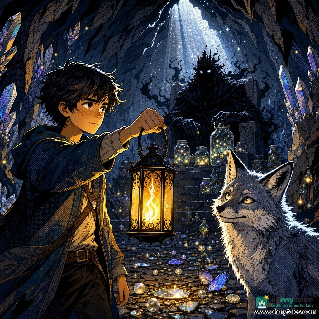Rowan is a 17-year-old boy with an open face, dark tousled hair and a determined yet tender expression, holding a wrought-iron lantern with a warm steady flame; Fenn, a silvery fox with luminous tips, sits to his right, ears pricked, mischievous but worried, watching protectively; the Shade-king is a large shadowy humanoid with a coal-and-smoke texture and pale reflective eyes, seated on a stone throne at the back of a vast vaulted cavern, its shadowed hands hovering over jars of small volatile lights; the cavern walls are studded with dim crystals beginning to glow, the stone floor dotted with piles of shining objects (pearls, butterfly wings, mirror shards, small lanterns), and a fissure in the ceiling lets a shaft of silver starlight fall on the scene; main moment is a gentle tense offering as Rowan extends the lantern, warm light against cold darkness, strong saturated contrasts (warm yellow, midnight blue, charcoal gray, silver), clear composition, bold outlines, readable expressions, atmosphere of hope and reverence rather than conflict, in a pop-art style with flat vivid colors, graphic shadows, dotted textures and pronounced black lines.
