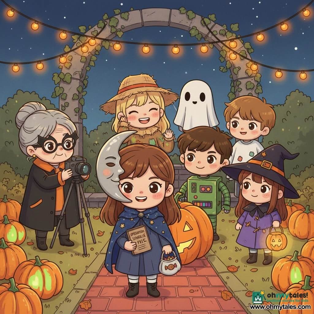 A proud, serene 12-year-old girl smiles with rosy cheeks, wearing a silver crescent moon mask and a navy star-embroidered cape, holding a small notebook labeled OPERATION: SINGLE FILE and a candy bag, standing center in a tight line; behind her Juno (12) is a scarecrow with a tilted straw hat and straw in her sleeves, softly laughing; Theo (12) is a green-and-black cardboard robot with bottle-cap buttons, rigid and amused; Lila (12) is a little witch with a slightly crooked black pointed hat holding a glowing jack-o'-lantern lantern at the end of the line; Ezra (about 11) is a ghost in a patched white sheet smiling shyly slightly set back; Mrs. Clove (about 60) in bat-shaped glasses and a black coat with orange lining holds a camera on a tripod a few steps away, watching kindly; setting: a small community garden at night with orange and lime glowing pumpkins, a red brick path, orange bulb garlands on an ivy-covered stone arch, warm soft lighting and autumn leaves; main scene: the compact group poses for a photo in front of a large pumpkin, joyful expressions, golden light illuminating costumes, cute colorful style with clear contrasts and visible cardboard and fabric textures.
