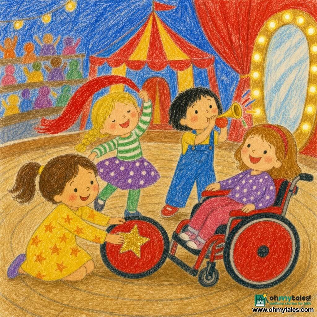 Four girls in a colorful pencil-drawn circus tent with a round wooden floor and simple bleachers: Mia, 6, brown pigtails, yellow starry dress, sticks a shiny star sticker on Bea’s wheel at the left; Lila, 5, blond braid, red scarf flying as she twirls at center-left; Jo, 6, short black hair, blue overalls, blows a toy horn at center-right; and Bea, 5, light brown hair with a headband, in a red wheelchair with a big decorated star on the wheel, rolling and smiling at right; the scene is warm, playful, expressive, with bright colors, simple rounded lines, warm bulbs around a mirror and a red curtain behind.