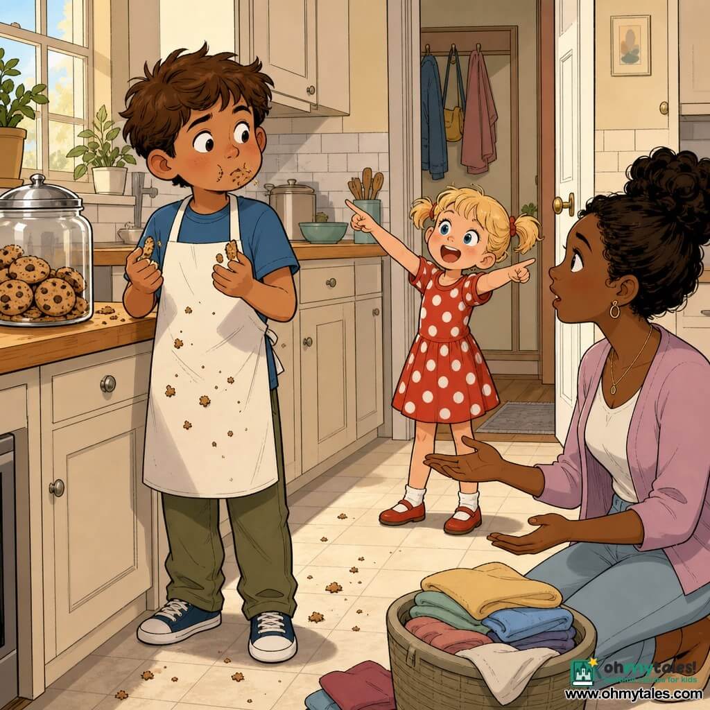 A 10-year-old boy with a round face and tousled light-brown hair, big ashamed eyes, rosy cheeks and a mouth still full of a cookie, holding two crumbs on his fingers and standing by a light-wood countertop; his 5-year-old sister in blonde pigtails and a red polka-dot dress stands triumphantly by the kitchen door pointing at him; their mother, about 35, with brown hair in a bun and pastel clothes, kneels to child height with a surprised but calm expression and open hands near a pile of folded laundry; a bright, cozy kitchen with light tiles, a large glass cookie jar with a metal lid on the counter, crumbs on the floor and the boy’s apron and warm window light; scene: a gentle confrontation after the boy took cookies before the meal, exchanged looks, scattered crumbs and a plea for truth.