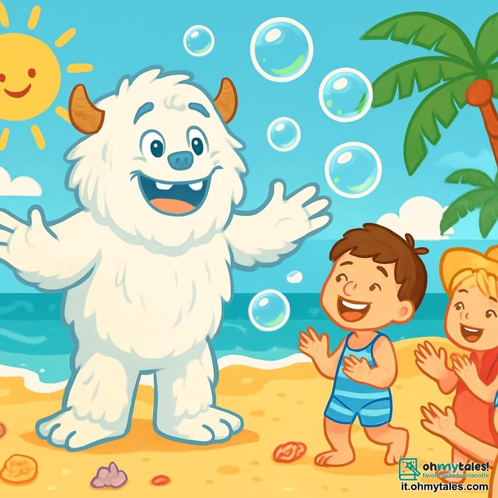 Un yeti morbido e peloso, di nome Yoghi, si trova su una spiaggia soleggiata, con un grande sorriso gioioso sul volto. Il suo pelo è bianco e soffice, e ha occhi scintillanti di malizia. Sta raccontando una storia, con le braccia aperte, circondato da bolle di sapone che fluttuano attorno a lui. Accanto a lui, ci sono tre bambini, due ragazzi e una ragazza, di circa 7 anni. Il ragazzo dai capelli castani indossa un costume da bagno a righe e ride a crepapelle. La ragazza dai capelli biondi, con un cappello di paglia, applaude con entusiasmo. Il secondo ragazzo, con occhiali da sole, cerca di prendere una bolla che si alza nell'aria. La scena si svolge su una spiaggia di sabbia dorata, dove le onde brillano sotto il sole. Con il suo atteggiamento giocoso, Yoghi racconta una storia divertente, mentre i bambini ridono e si divertono, affascinati dalla magia delle bolle che fluttuano attorno a loro.