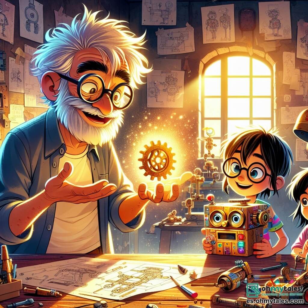 Don Federico, un hombre mayor con cabello gris despeinado y gafas redondas, sonríe con orgullo, rodeado de planos y herramientas en su taller. Lleva una bata de trabajo manchada de pintura y sostiene un engranaje dorado brillante en sus manos, mostrando su entusiasmo. A su lado, Carlitos, un niño de 10 años con cabello castaño desordenado y una camiseta colorida, mira con admiración el engranaje, con los ojos brillantes de emoción. María, una niña de 9 años con cabello largo y negro, observa atentamente, sosteniendo un robot de cartón que ha hecho, con una sonrisa orgullosa en su rostro. El taller de Don Federico está lleno de máquinas extrañas, planos colgados en las paredes y piezas esparcidas sobre mesas de madera. La luz del sol filtra a través de las ventanas polvorientas, iluminando el espacio de manera cálida y acogedora. La escena principal muestra a Don Federico explicando a los niños cómo funciona su invención, mientras una máquina colorida detrás de ellos comienza a zumbir y brillar, simbolizando la energía creativa que los rodea.