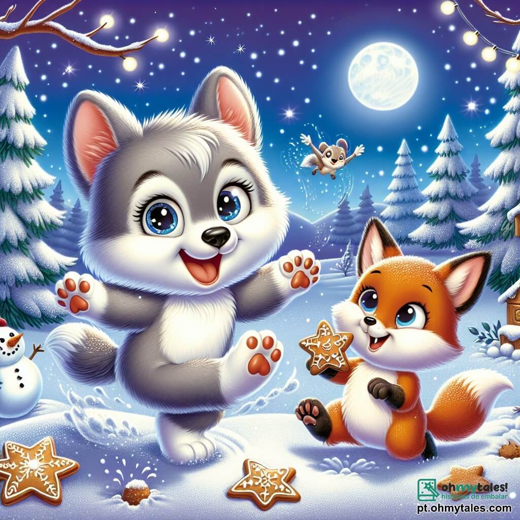 Um pequeno lobo chamado Léo, com pelagem cinza e olhos curiosos, salta alegremente na neve, com as patas levantadas e um grande sorriso no rosto. Ao seu lado, uma raposa ruiva de olhos travessos, segurando um biscoito de gengibre, ri ao olhar para Léo, enquanto uma lebre branca de grandes orelhas, com um ar brincalhão, se prepara para dar um salto na neve. Ao fundo, uma paisagem invernal encantadora se estende: árvores majestosas cobertas de neve brilhante, um céu azul claro salpicado de flocos de neve caindo e um pequeno boneco de neve com um nariz de cenoura, decorado com galhos. A cena representa a alegria do inverno, onde os amigos se divertem juntos criando memórias inesquecíveis na neve.