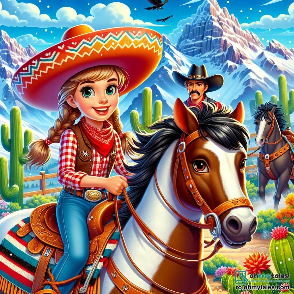 Emma, o cowgirl curajoasă de aproximativ 12 ani, poartă o sombrero mare și o cămașă cu carouri roșii și albe. Fața ei este luminată de un zâmbet larg, arătând determinarea și entuziasmul ei. Este călare pe calul ei rapid, Tornado, care are o coamă neagră și strălucitoare, și ține ferm frâiele. Lângă ea, Jack, un cowboy de 14 ani cu o mustață mare și o pălărie neagră, o privește pe Emma cu un amestec de surpriză și respect. Este pe calul său, un mustang mare de culoare brună, și pare pregătit să facă față provocării. Peisajul de fundal este unul montan, cu vârfuri acoperite de zăpadă și un cer albastru strălucitor presărat cu nori albi. În prim-plan, cactuși și arbuști colorati adaugă viață scenei. Situația principală arată cum Emma și Jack se pregătesc pentru o cursă palpitantă spre vârful muntelui, având expresii de provocare și entuziasm pe fețele lor, gata să trăiască o aventură de neuitat.